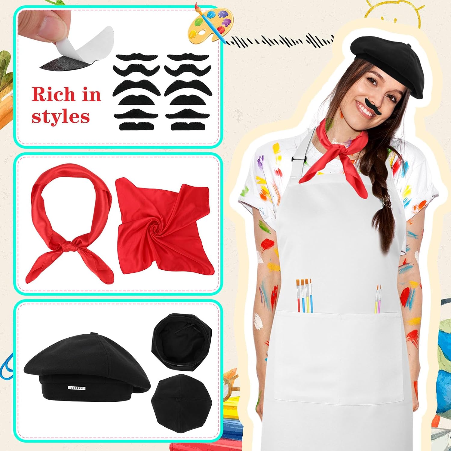 Artist Costume for Adults, Painter Dress Up Set with Artist Apron, French Beret, and Art Supplies Accessories for Halloween, Costume Parties, Theme Events, theatrical performances