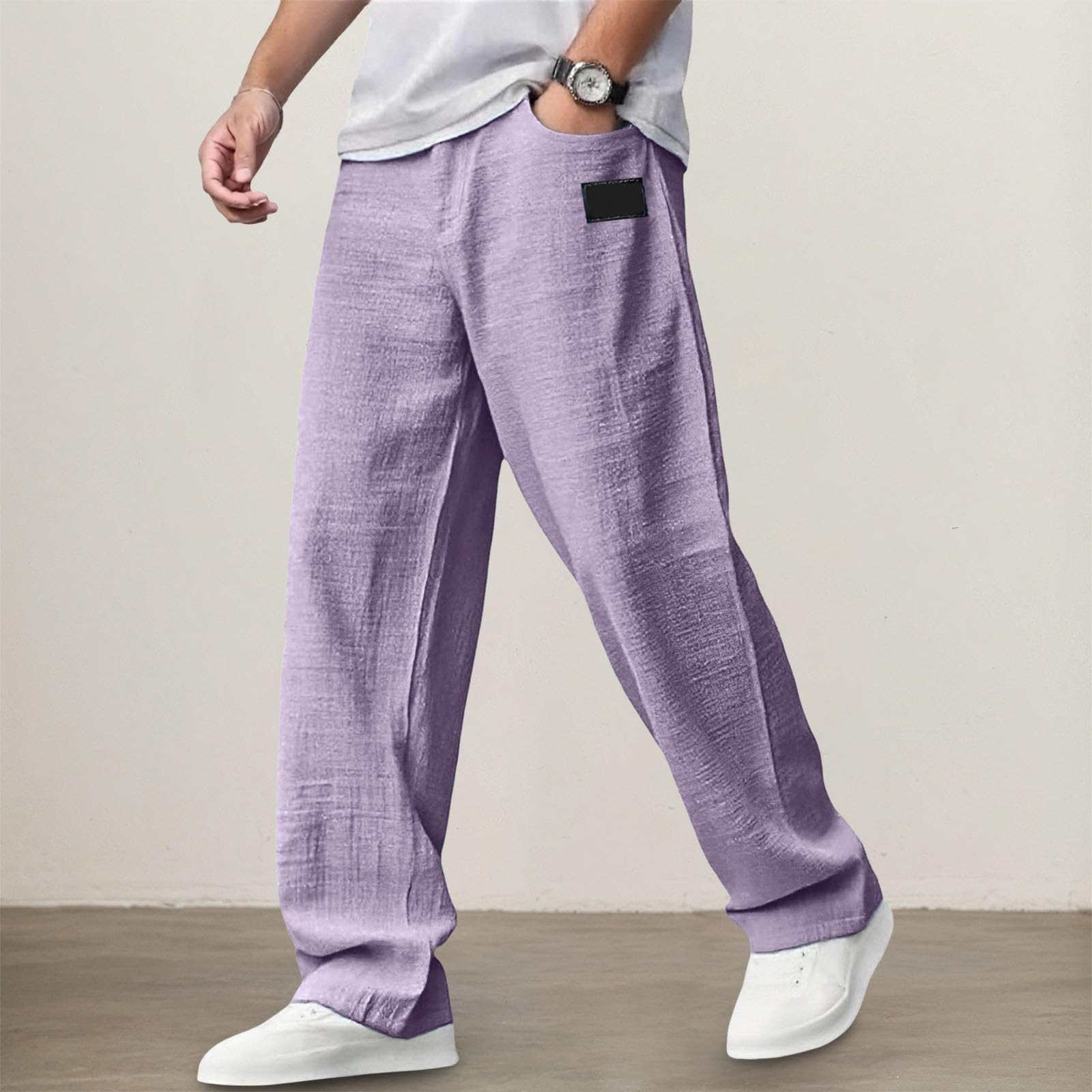 Pantaloni Lino Cotone Uomo Estivi Leggeri Pantaloni Larghi Eleganti Taglio Dritto Pantalone Casual Y2K Traspiranti per Spiaggia, Sportivi, Casa, Lavoro,