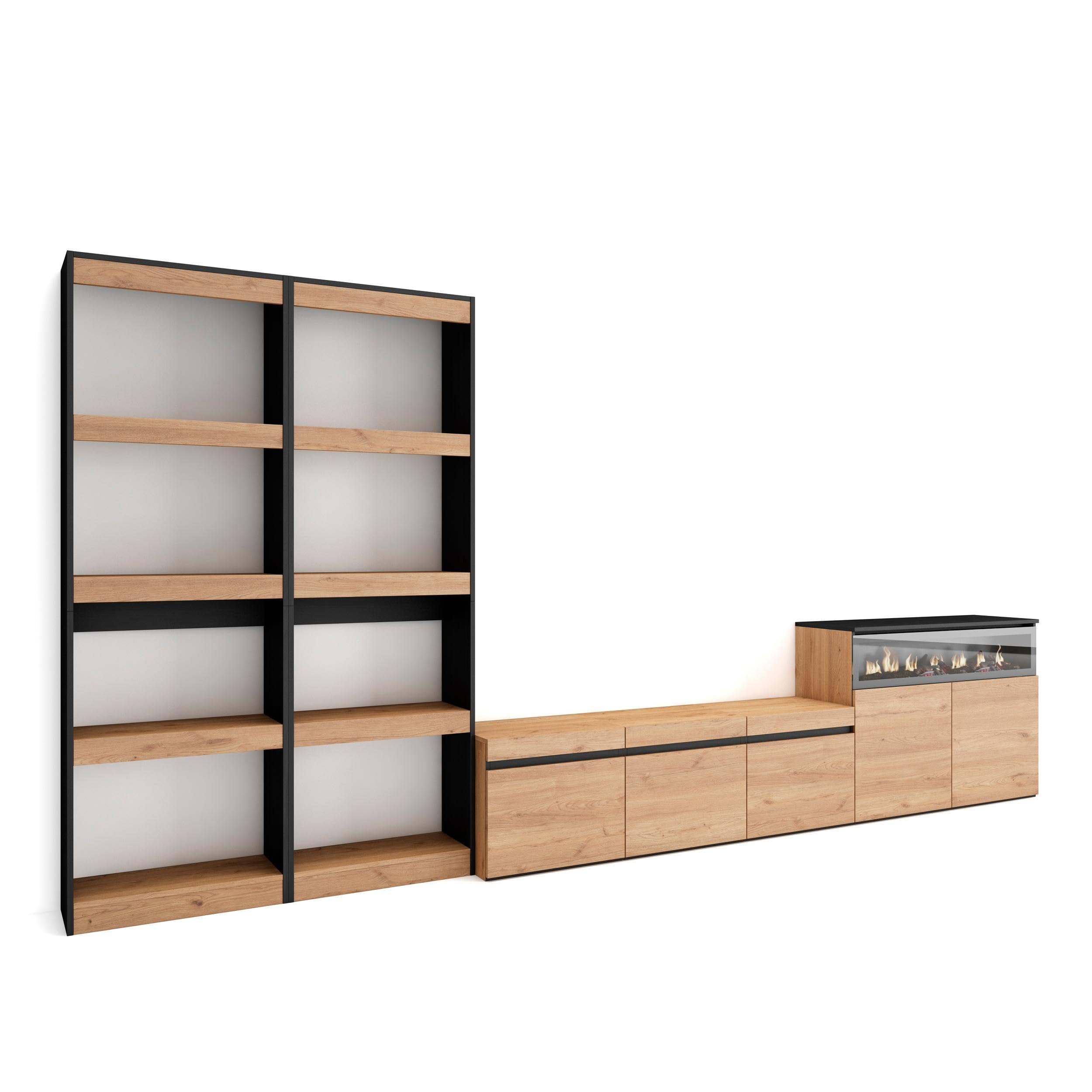 Skraut Home | Muebles de Salón para TV | Conjunto de Muebles Comedor | 370x186x35cm | para TV hasta 65" | Chimenea eléctrica | Estilo Moderno | Roble y Negro