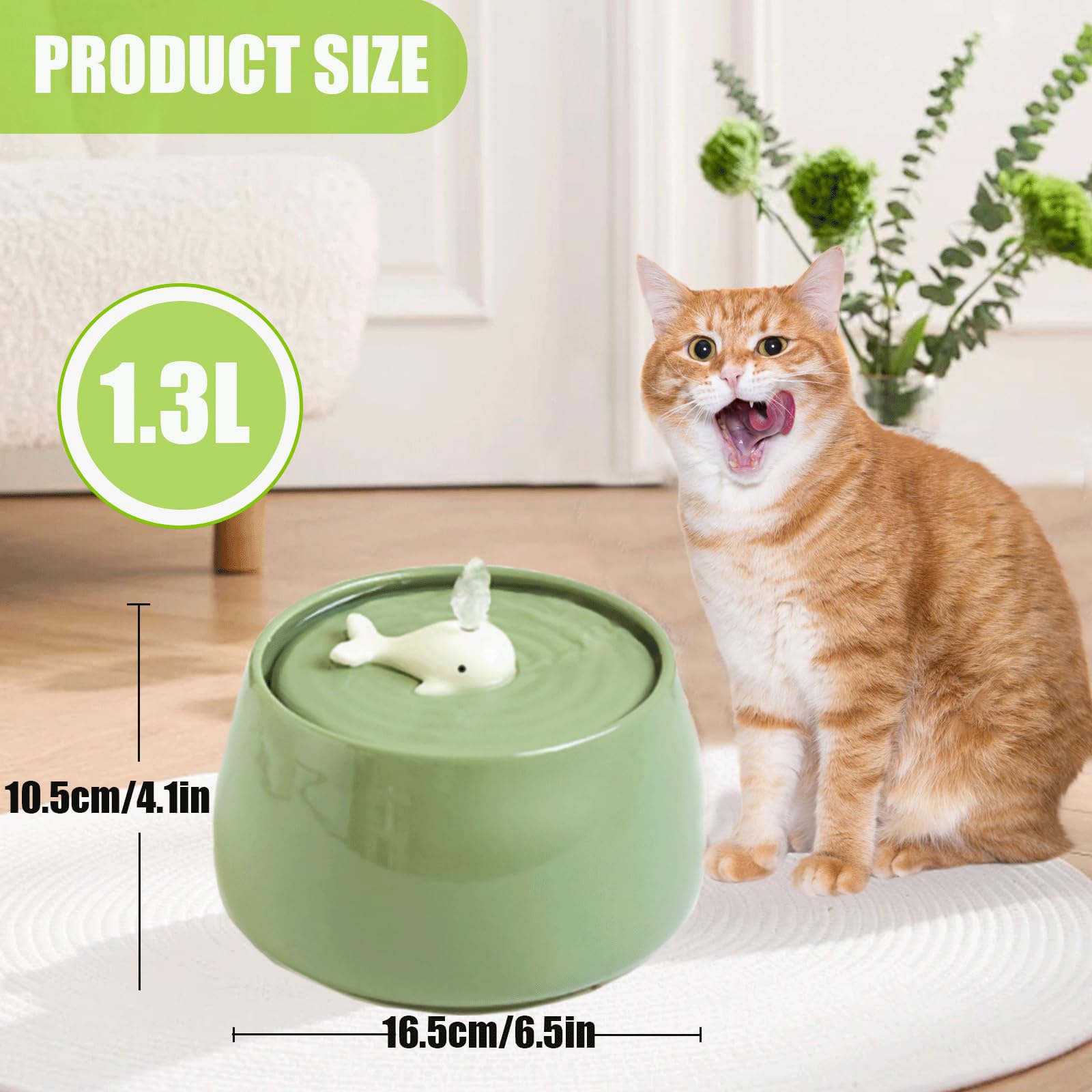 Fuente de agua de cerámica para gatos, 1.3L/45 onzas, cuencos de alimentación y bebida para mascotas, fuentes automáticas para gatos, cuenco ultra silencioso para gatos y perros, dispensador de agua