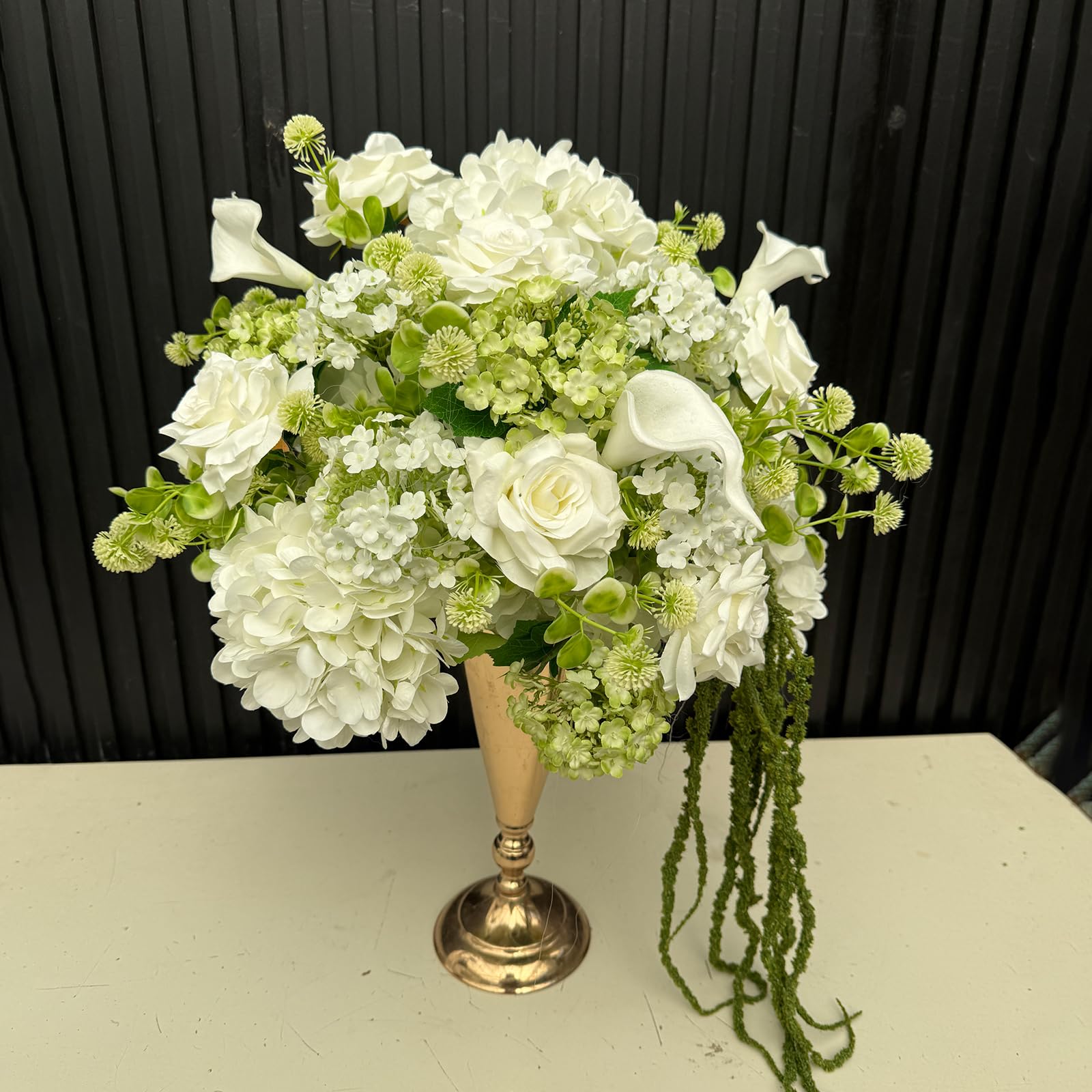 Lucky Flower White&Green Artificial Rose Balls With Hydrangea And Berries, White Fake Flowers & Green Foliage Centerpiece, Silk Floral Arrangement Bouquet For Wedding Tables Party Home Decor (45Cm)