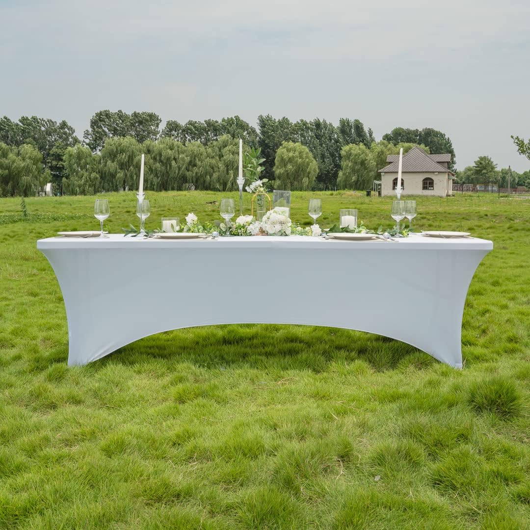 Restaurantware Table Tek 96 x 30 Inch Rectangle Table Covers 1 Washable Spandex Tablecloths - Wrinkle-Free Durable White Polyester Fitted Tablecloths for Parties Banquets or Weddings
