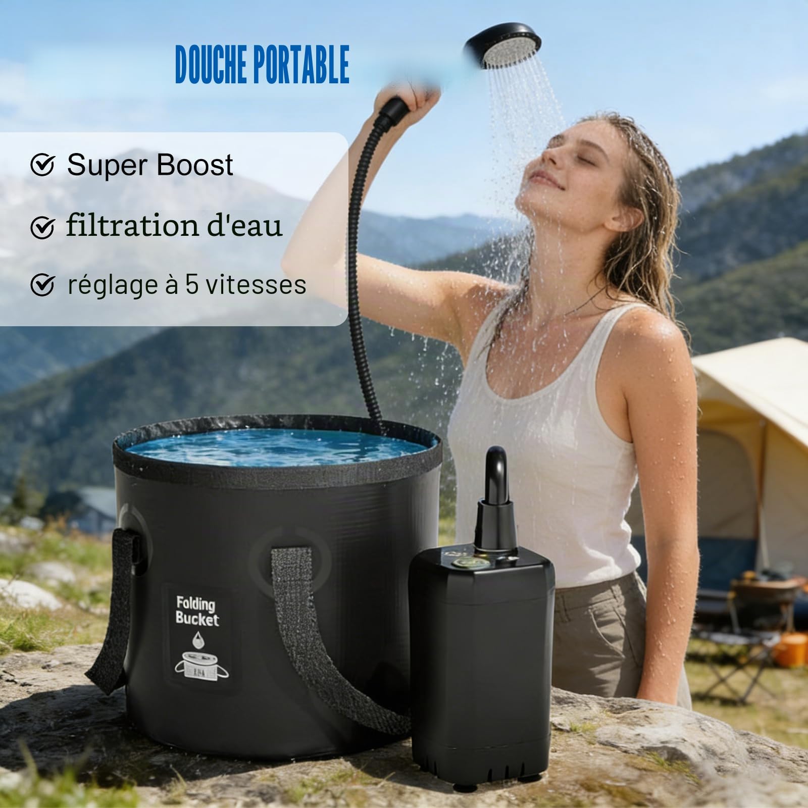 BORDEAG Douche de camping d'extérieur - 20 l - 6000 mAh - Avec pompe - Douche de camping avec batterie - Douche de camping portable pour la randonnée, le camping, les voyages, la plage, le jardin et