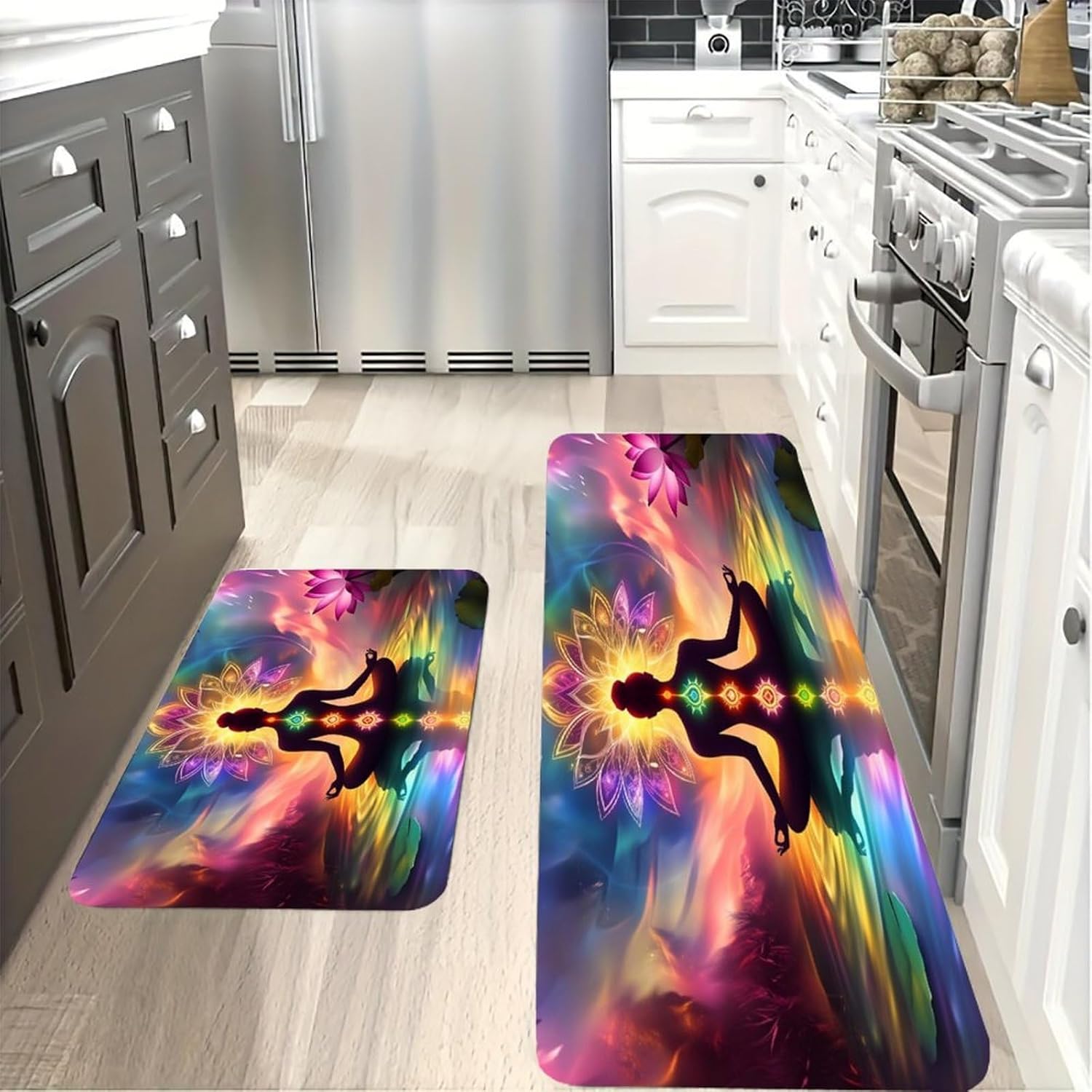 Meditation Mandala Kitchen Mat 2 Piece Non Slip Absorbent Floor Cushioned Anti Fatigue Pad Washable for Laundry Room Bathroom Office 47'' X 17''+24'' X 16''