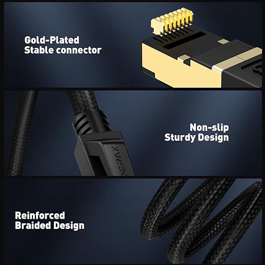 Cable Ethernet Cat8 1.5 pies, trenzado nailon, 40Gbps, 2000MHz, RJ45 blindado miniatura 6