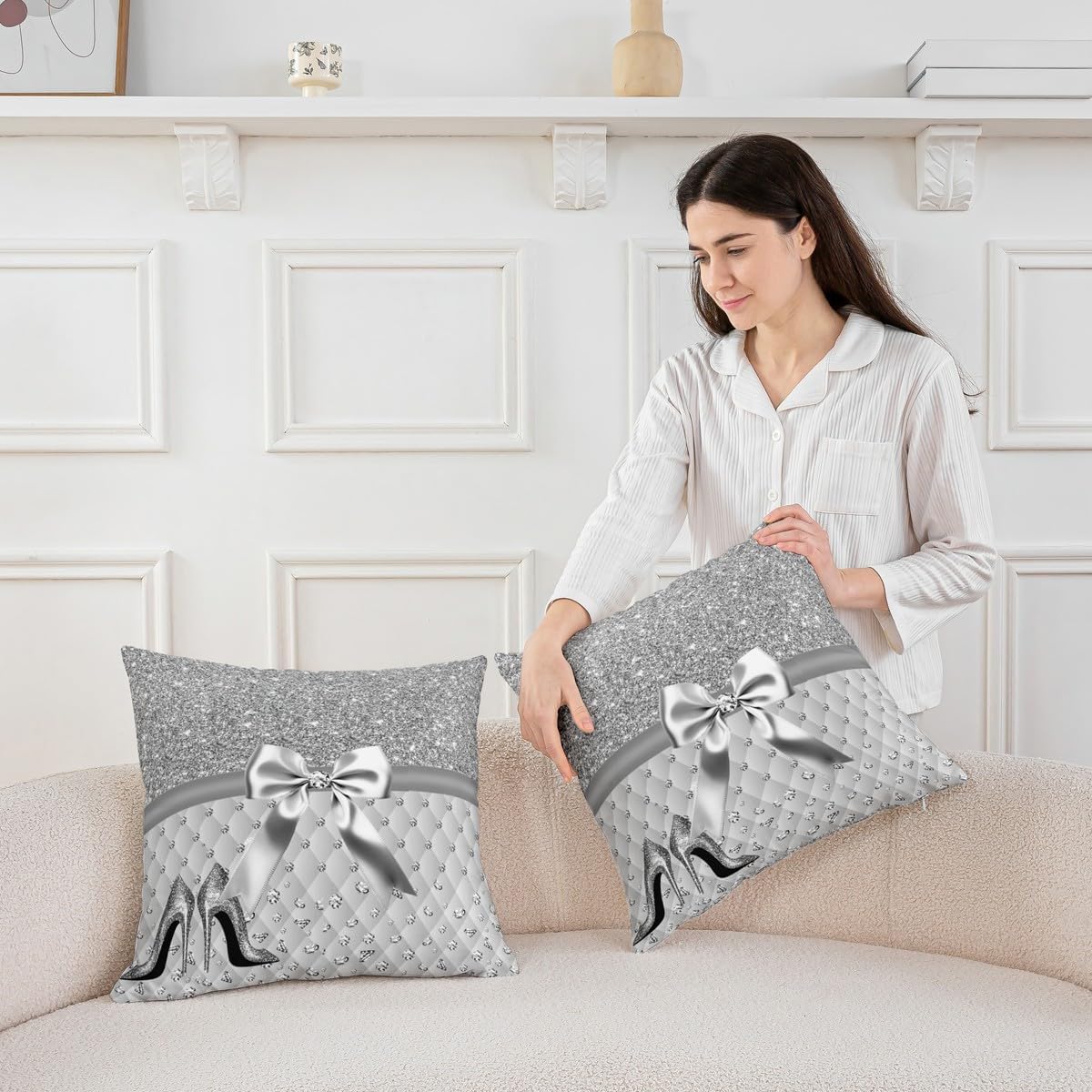 Feelyou Glitter (No Glitter No Sequin) Diamond Reversible Throw Pillow Covers Pastel Grey Square Cushion Covers Set of 1 for Kids High Heels Pillow Covers Home Decor Dreamy 24 x 24-Inch