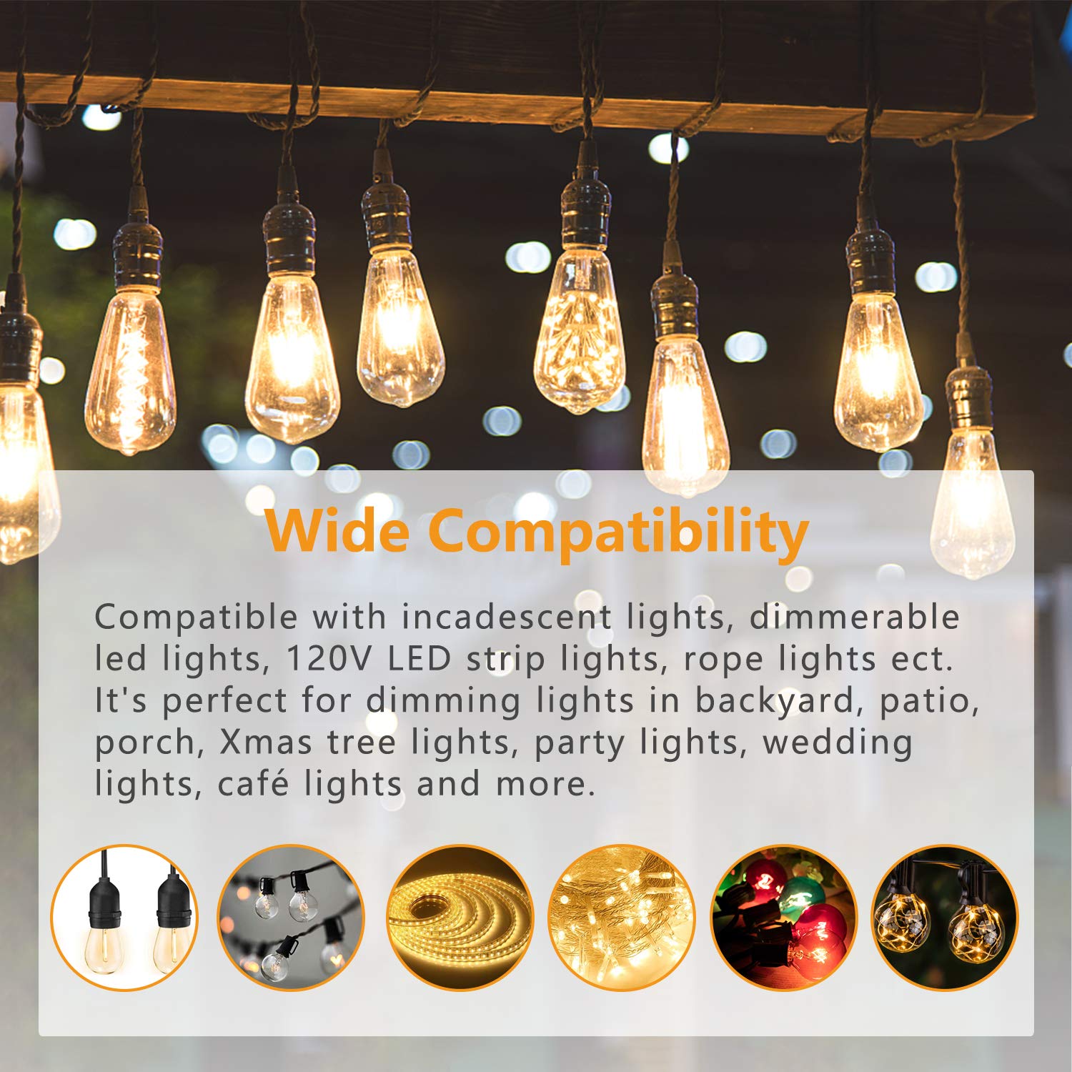 Outdoor Dimmer Switch for String Lights, 1000W Max Power IP68 Waterproof Wireless RF Remote Control Timer Switch, 3 Prong Outlet Plug-in Dimmer for Dimmable LED String Lights Patio Lights: Tools & Home Improvement