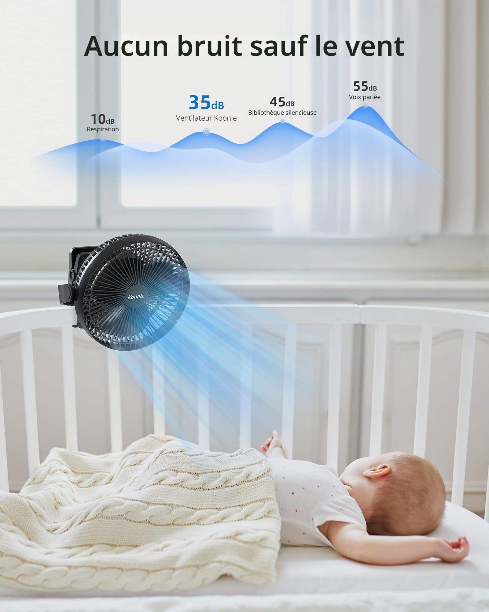 Koonie Ventilateur à Clip à Piles 10000 mAh 20CM, Ventilateur USB portable, 4 Vitesses, débit d'air puissant, Pince Robuste pour Bureau Personnel, Voiture de Golf, Voyage en plein air, Camping (Noir)