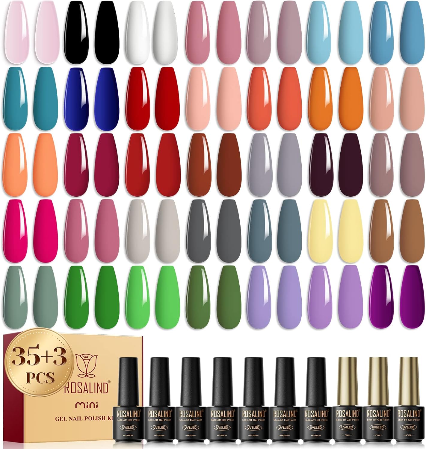 ROSALIND Semi-permanent nail polish, 38 pieces, 35 colours + 1 base coat + 1 shiny top coat, 1 matte top coat, set of semi-permanent gel nail polish, pink, black, white, UV, LED, gel nail polish.