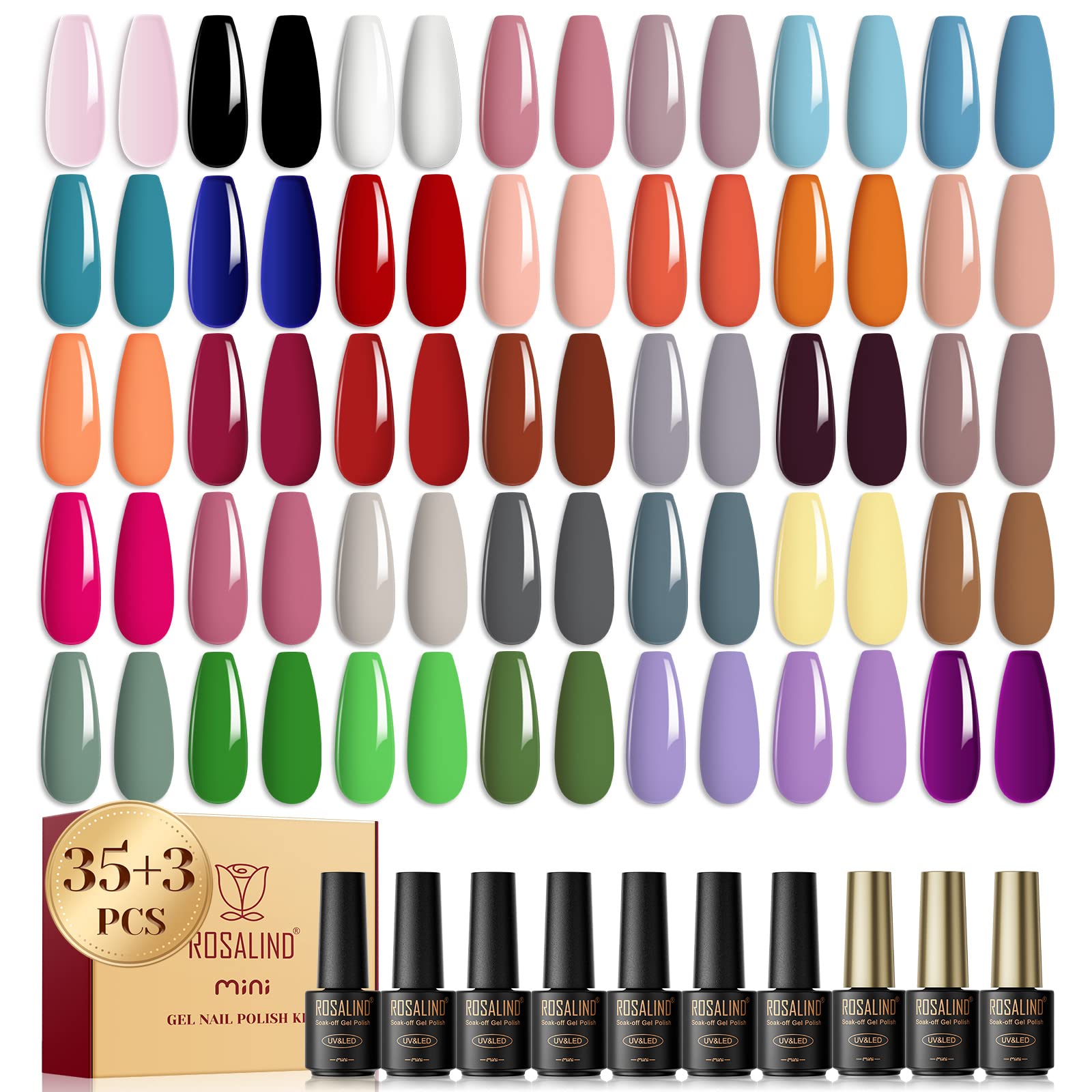 ROSALIND Vernis Semi Permanent 38 Pcs, 35 Couleurs + 1 Base ＋1 Top Coat Brillant ＋1 Top Coat Matte, Lot Vernis Gel Semi Permanent Rose Noir Blanc UV LED Vernis à Ongles Gels