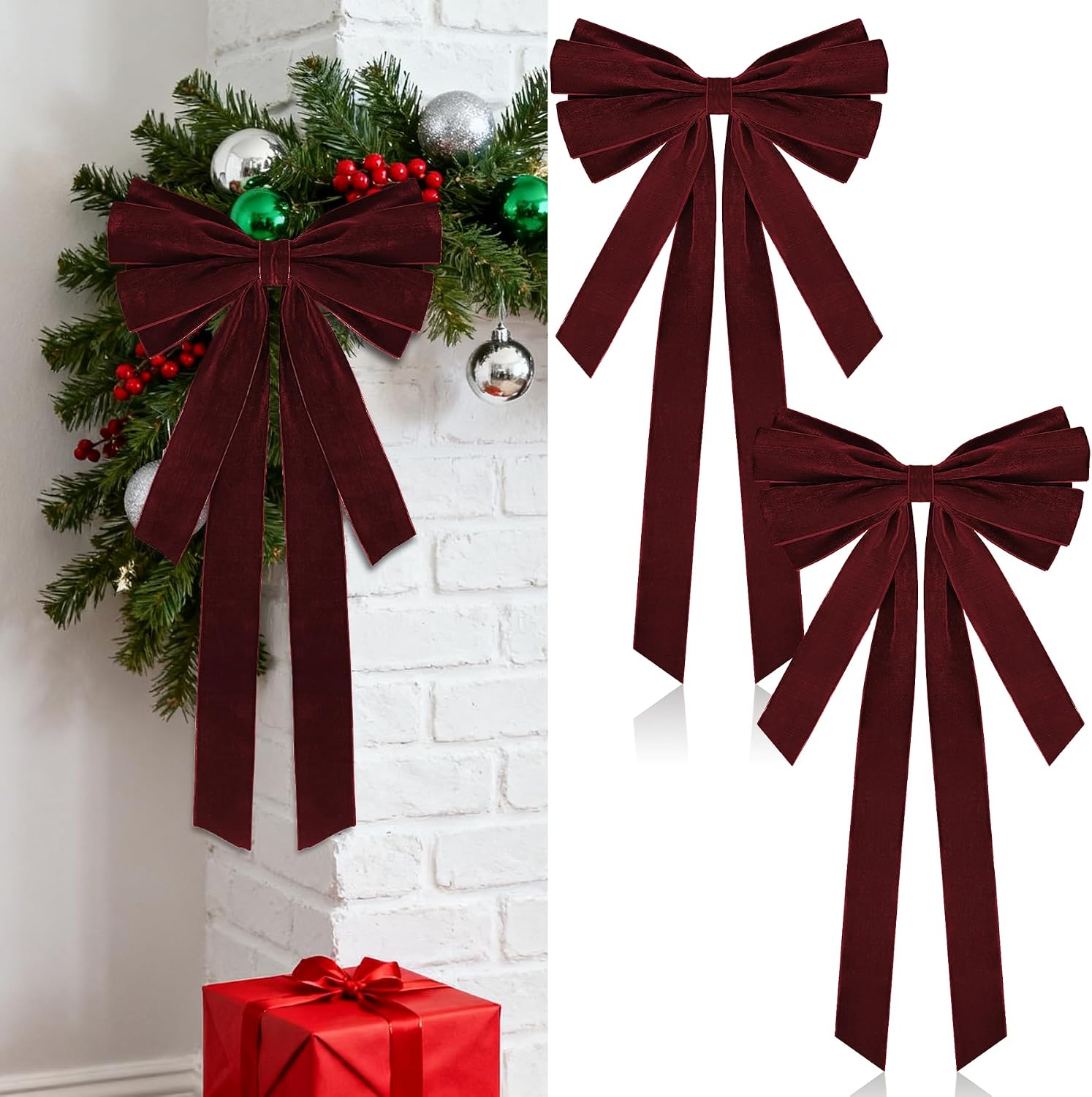 2 Pcs Large Christmas Velvet Bows 10" x 27.5" Christmas Bows Tree Ornament Xmas Velvet Ribbon Bow for Gift Wrapping Wreaths Garland Holiday Home Front Door Decor (Burgundy)
