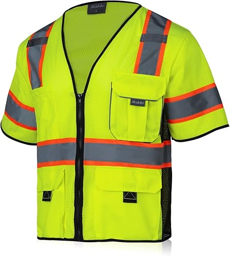 Chaleco de malla de seguridad de alta visibilidad para hombre con 10 bolsillos, chaleco reflectante Hi Vis, clase 3, ropa de trabajo con cremallera