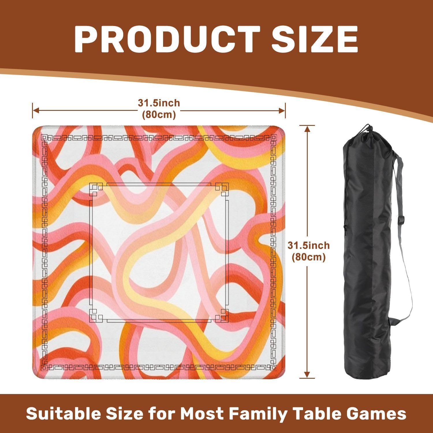 Mahjong Mat 31.5" x 31.5" Retro 60s Style Rainbow Seamless Pastel Color Stripes Pink Wave Non-Slip Noise Reduction Mahjong Tiles Table Cover for Dominoes Poker Card Board and Tile Games