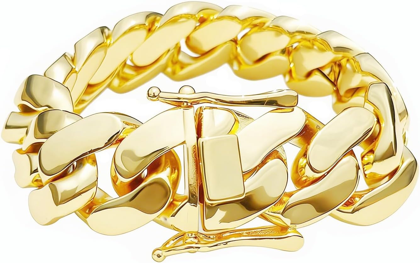 12/22mm Miami Cuban Link Bracelet for Men & Women – 14K Gold Plated/Silver Plated Cuban Link Chain Bracelet, Solid Hip Hop Jewelry Miami Cuban Bracelet with Double Safety Clasp