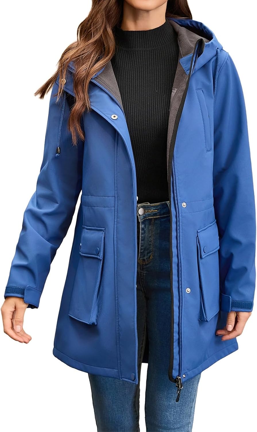 Women Waterproof Raincoat, Lightweight Fleece Lined Windbreaker Travel Jacket, Long Hooded Insulated Trench Coat