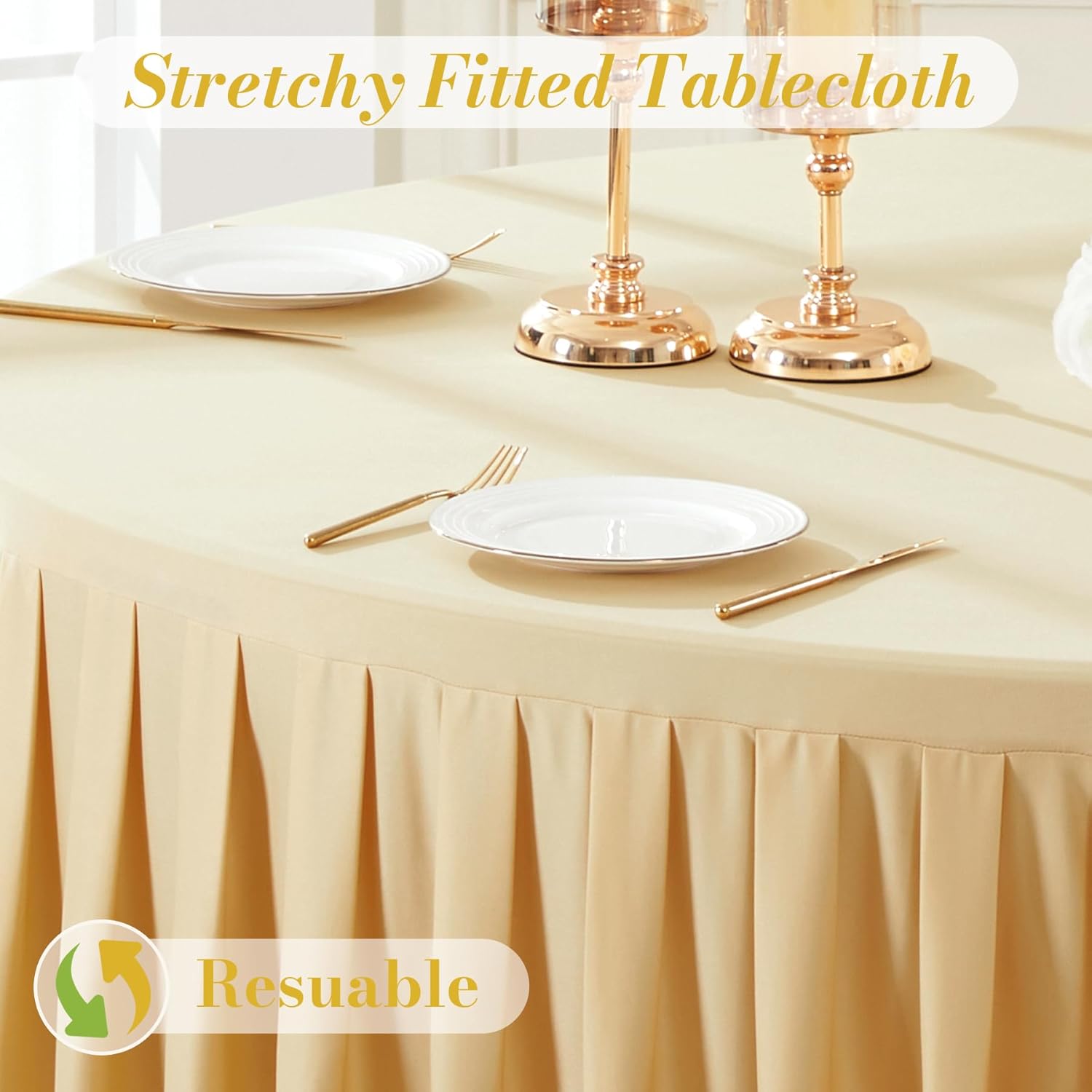 2 Pack Beige Round Tablecloth 60 inch Stretch Spandex Fitted Table Cloth 5FT Round Banquet Tablecloths Wrinkle Free Table Cover Stitch Circle Tablecloth with Ruffle Skirt for Party Wedding Birthday