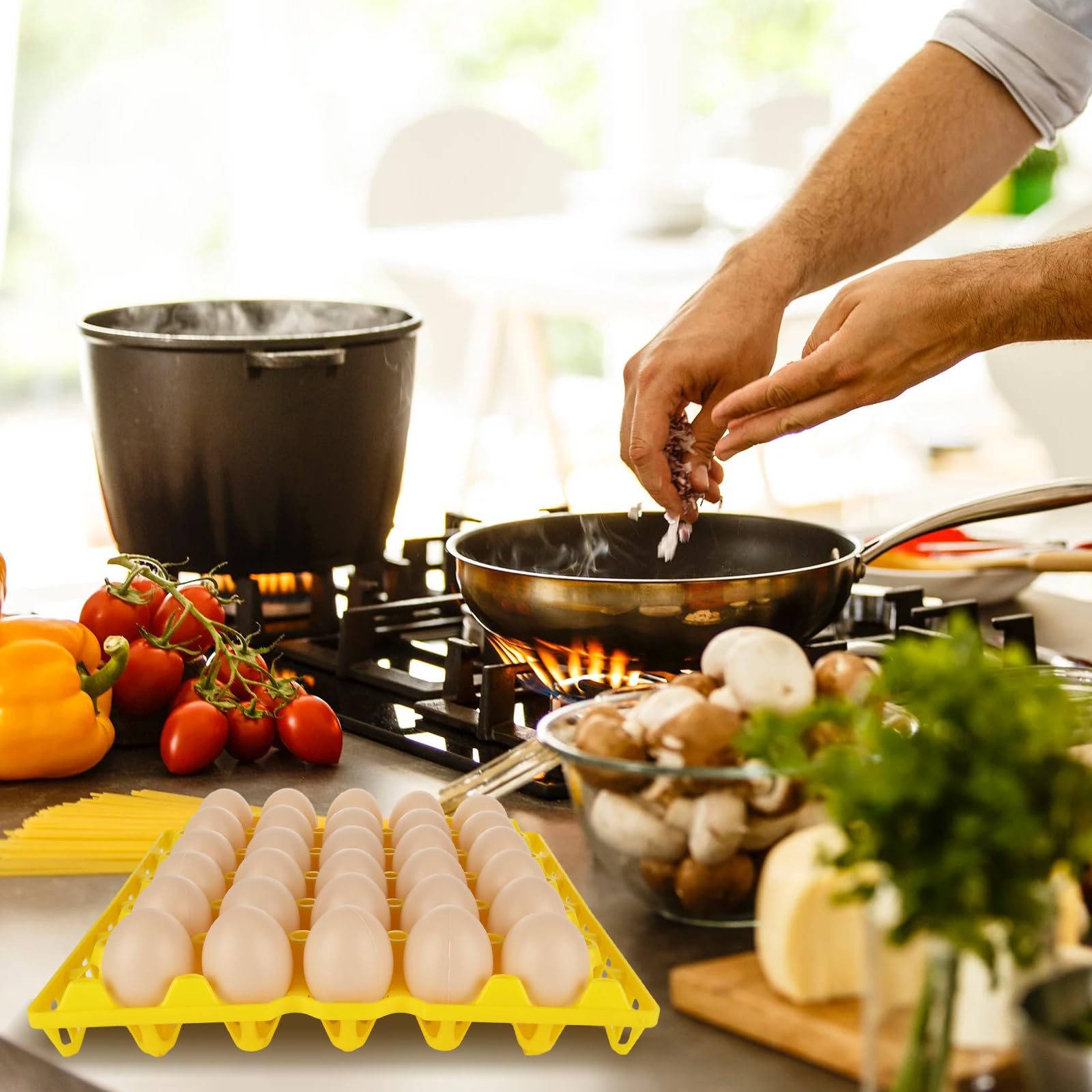 Paquete de 12 bandejas de plástico para huevos, cajas amarillas para huevos de 30 huevos planos para granjeros de pollos caseros, cajas apilables para huevos planos, capacidad para múltiples 6