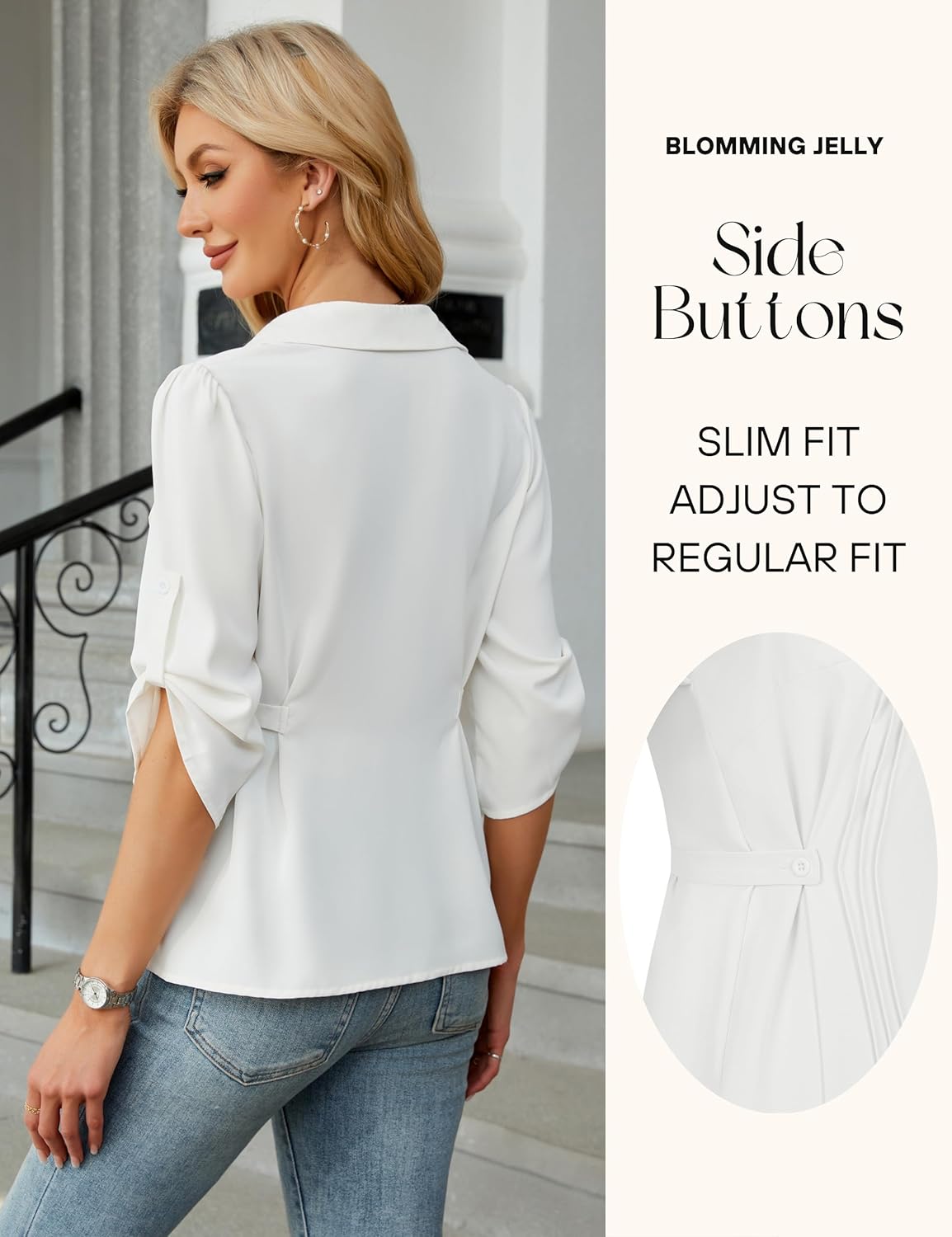 Blooming Jelly Womens Button Down Shirt 3/4 Sleeve Collared Pleated Business Casual Tops Ladies Trendy Summer Work Blouse - Image 4