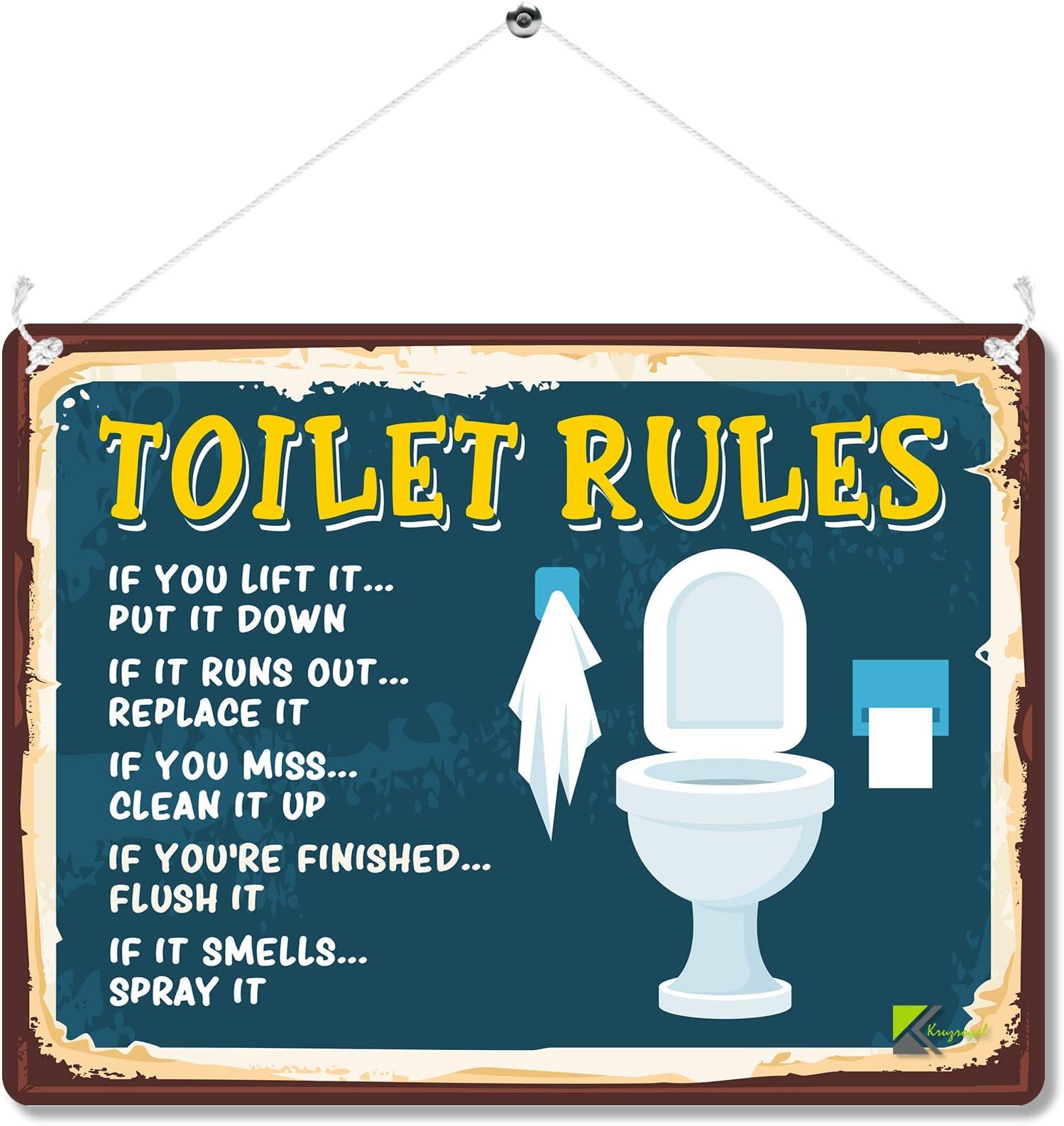 Funny Toilet Rules Metal Wall Sign, Humorous Washroom Etiquette Plaque Gift, Retro Vintage Tin Decor for Home Guest Toilet or Loo, 20x15cm