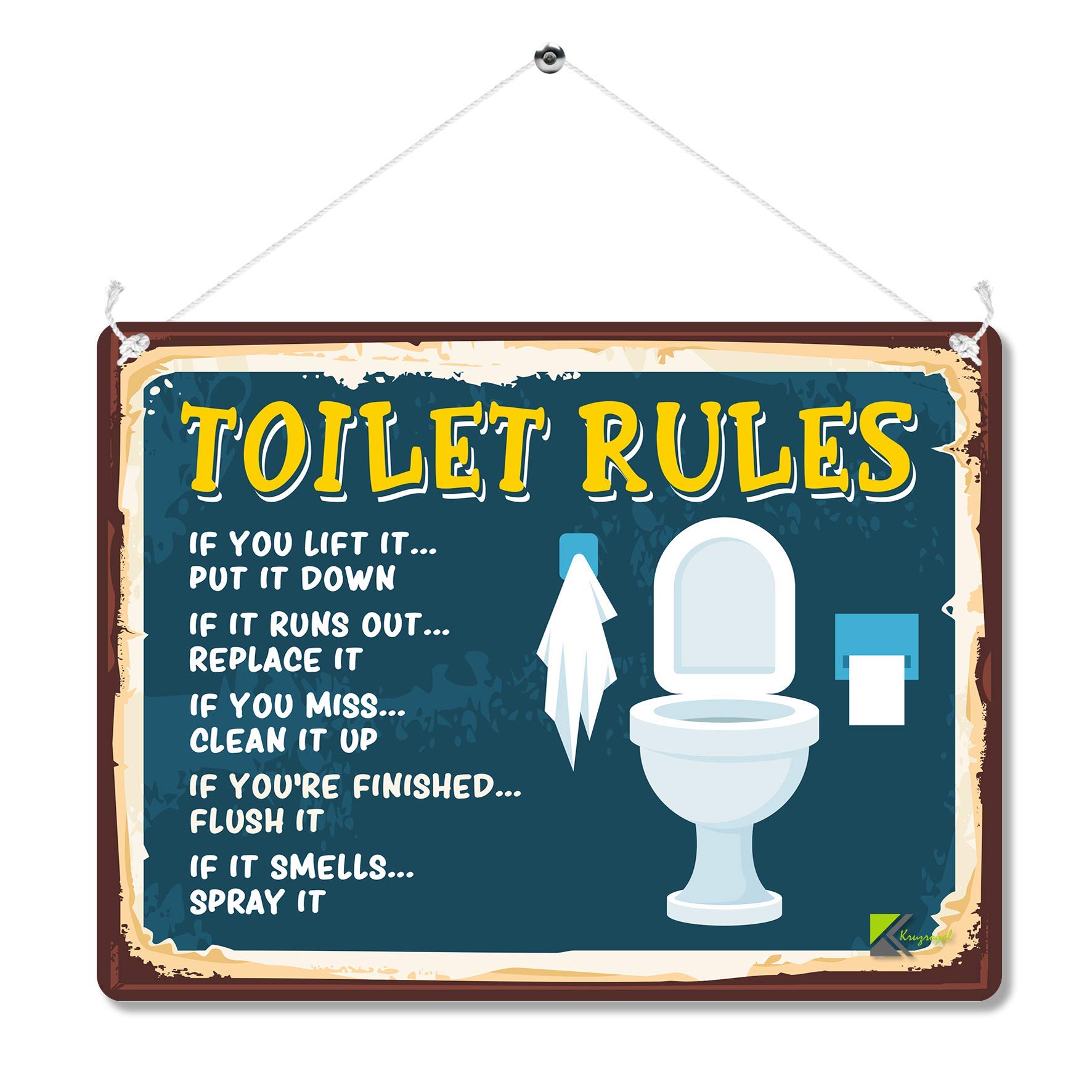 Kruzroyal Dark Blue / White Funny Toilet Rules Metal Wall Sign, Humorous Washroom Etiquette Plaque Gift, Retro Vintage Tin Decor For Home Guest Toilet Or Loo, 20X15cm