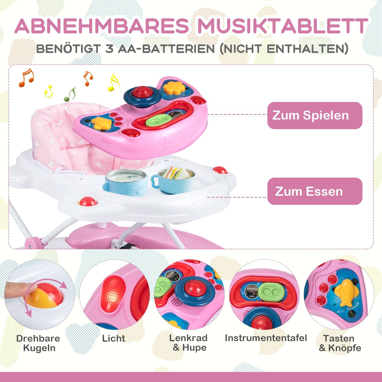 COSTWAY 6 in 1 Lauflernhilfe, Lauflernwagen mit abnehmbarem Spielboard & Fußpolster, Baby Walker höhenverstellbar & klappbar, Laufwagen mit Musik & Licht, Gehfrei baby ab 6 Monaten (Rosa)