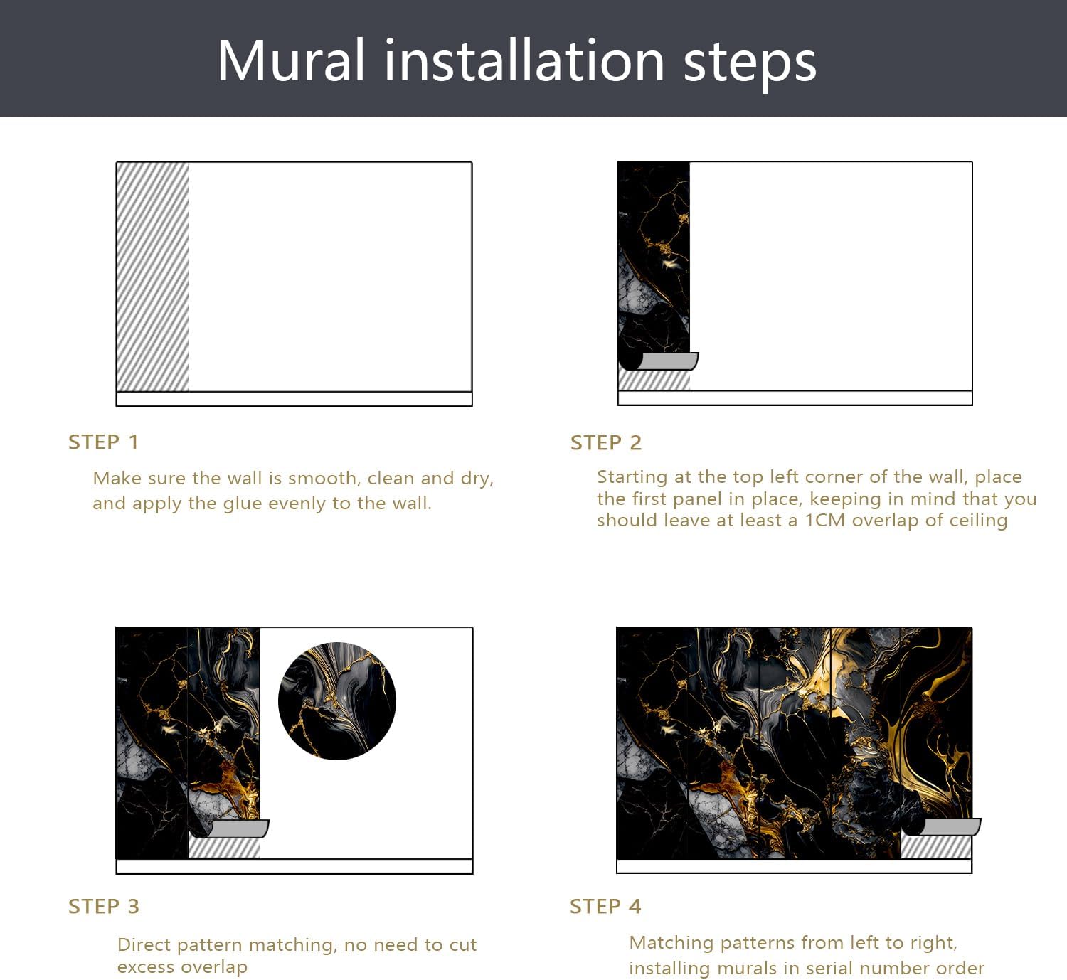 PYFFYP- Abstract Black and Gold Marble Wallpaper murals for Bathroom(Not Peel and Stick)