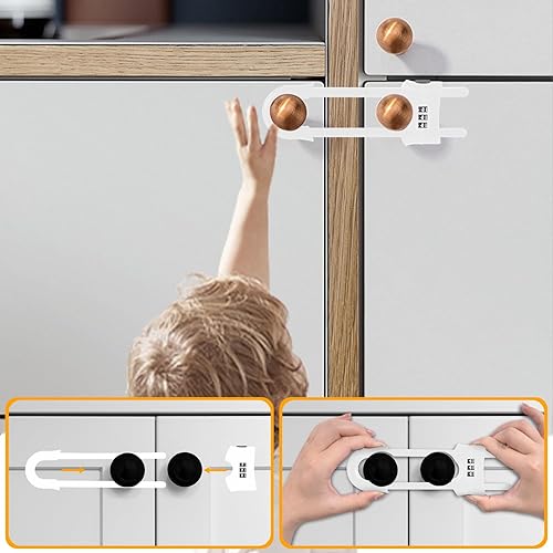 Miniatura 3 de Paquete de 4 cerraduras deslizantes para gabinete, a prueba de bebés, pestillos de seguridad para niños en forma de U, cerraduras blancas ajustables