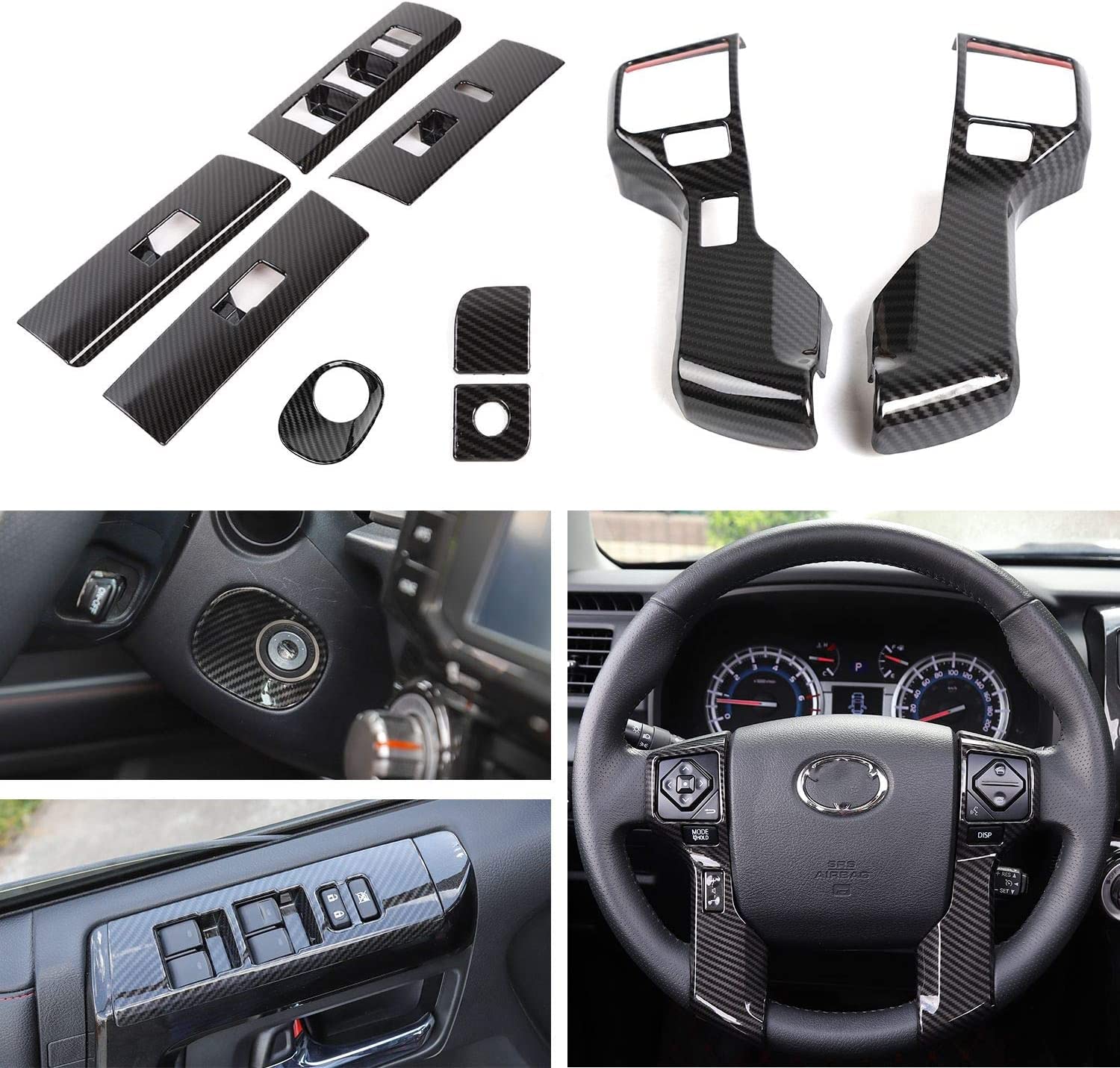 Voodonala for 4Runner ABS Carbon Fiber Interior Kit Set Window Lift Lgnition Switch Button Cover Trim for 2010-2023 Toyota 4Runner Interior Accessories, 9pcs