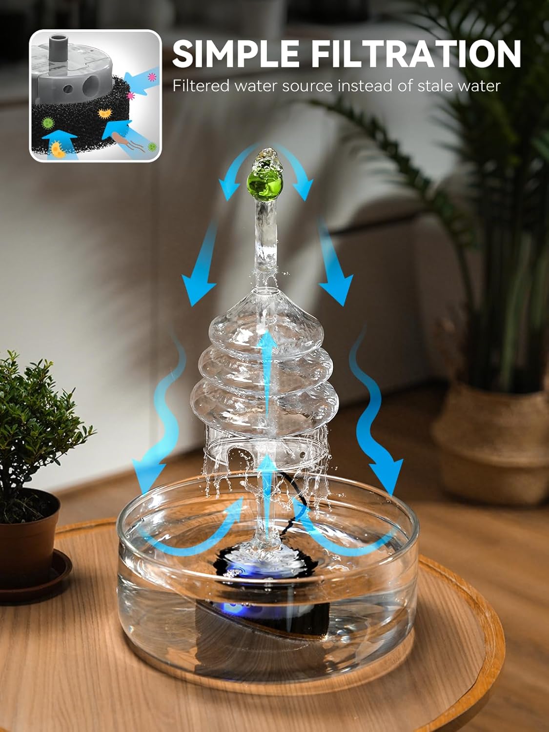 All-Glass Cat Water Fountain, 3.2L/108oz Glass Pet Fountain with LED Light, Automatic Water Dispenser for Cats (White)