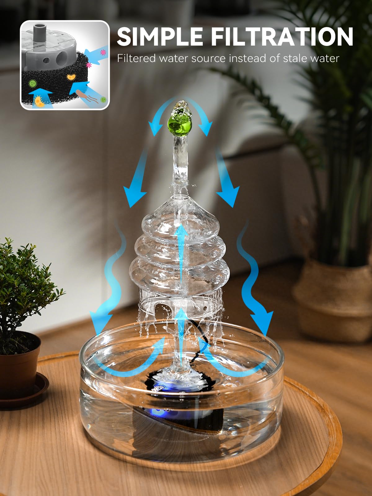 Fuente de agua de vidrio para gatos, fuente de vidrio para mascotas de 3.2 L/108 onzas con luz LED, dispensador de agua automático para gatos
