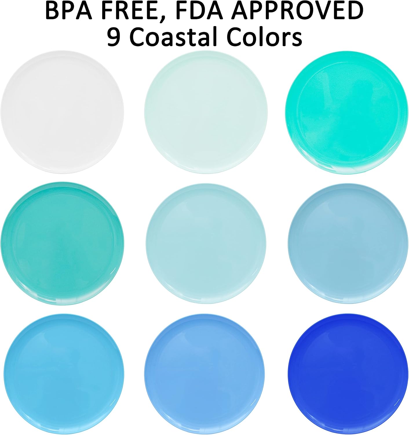  | Youngever 10 Inch Plastic Plates, Large Plates, Dinner Plates, Microwave Safe, Dishwasher Safe, Set of 9 (Coastal Color Theme): Dinner Plates