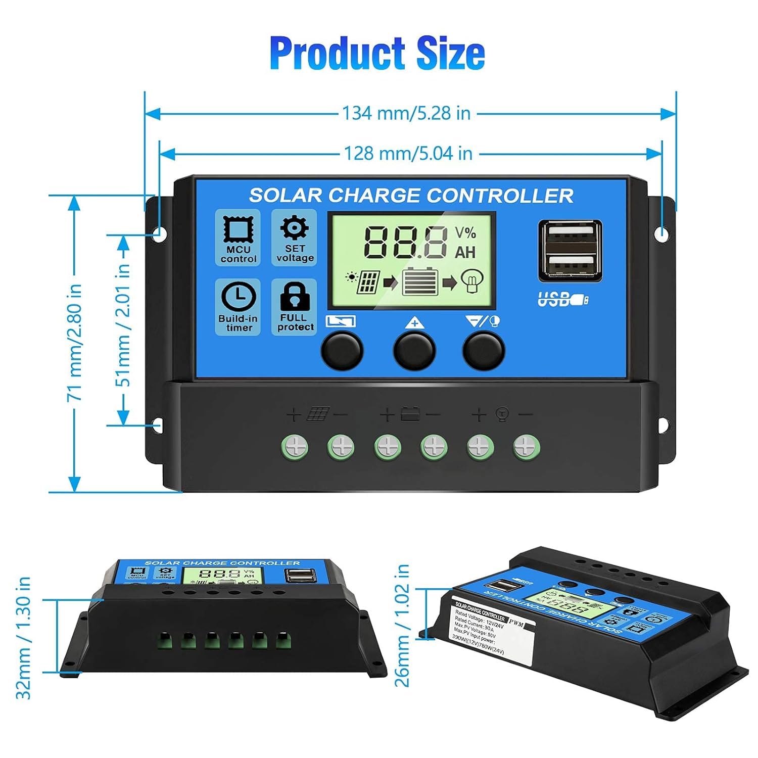 HASTHIP® 20A 12V to 24V Solar Charge & Panel Controller,Intelligent Regulator with Dual USB Port 5V Light Timer Control and LCD Display - Image 6 thumbnail