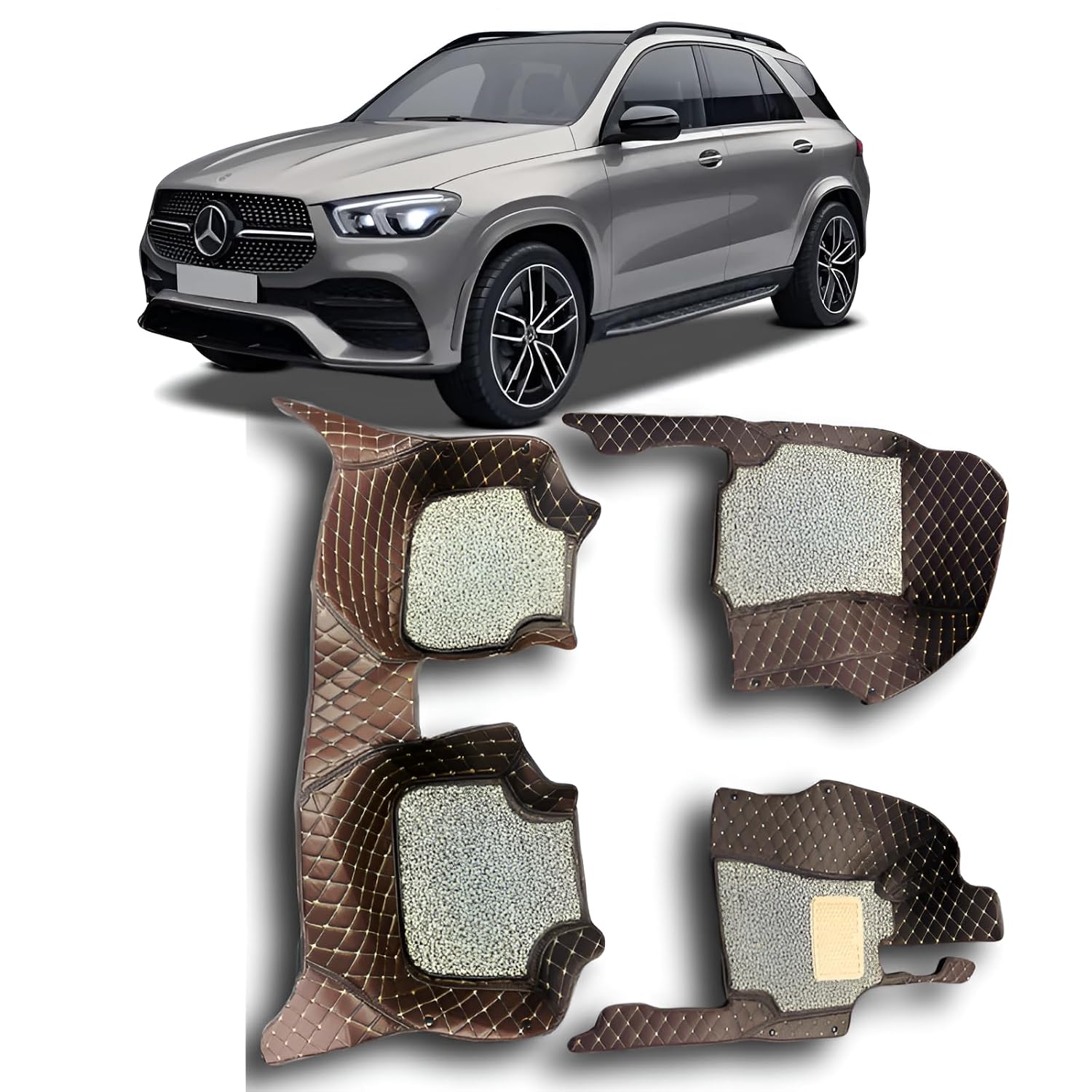 Premium 7D Car Floor Mats Compatible for Mercedes Benz GLE||Luxury Leather Double Layered Car Mat||3Pcs||100% Waterproof and Washable||Color :-Coffee with Golden (Beige Brown Grass)