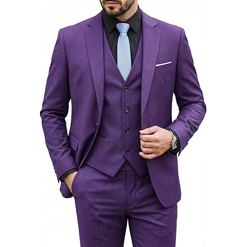 MY'S Men's 3 Piece Suit Set with Tie, One Button Slim Fit Solid Jacket Vest Pants, Prom Party Wedding Business Suits for Men