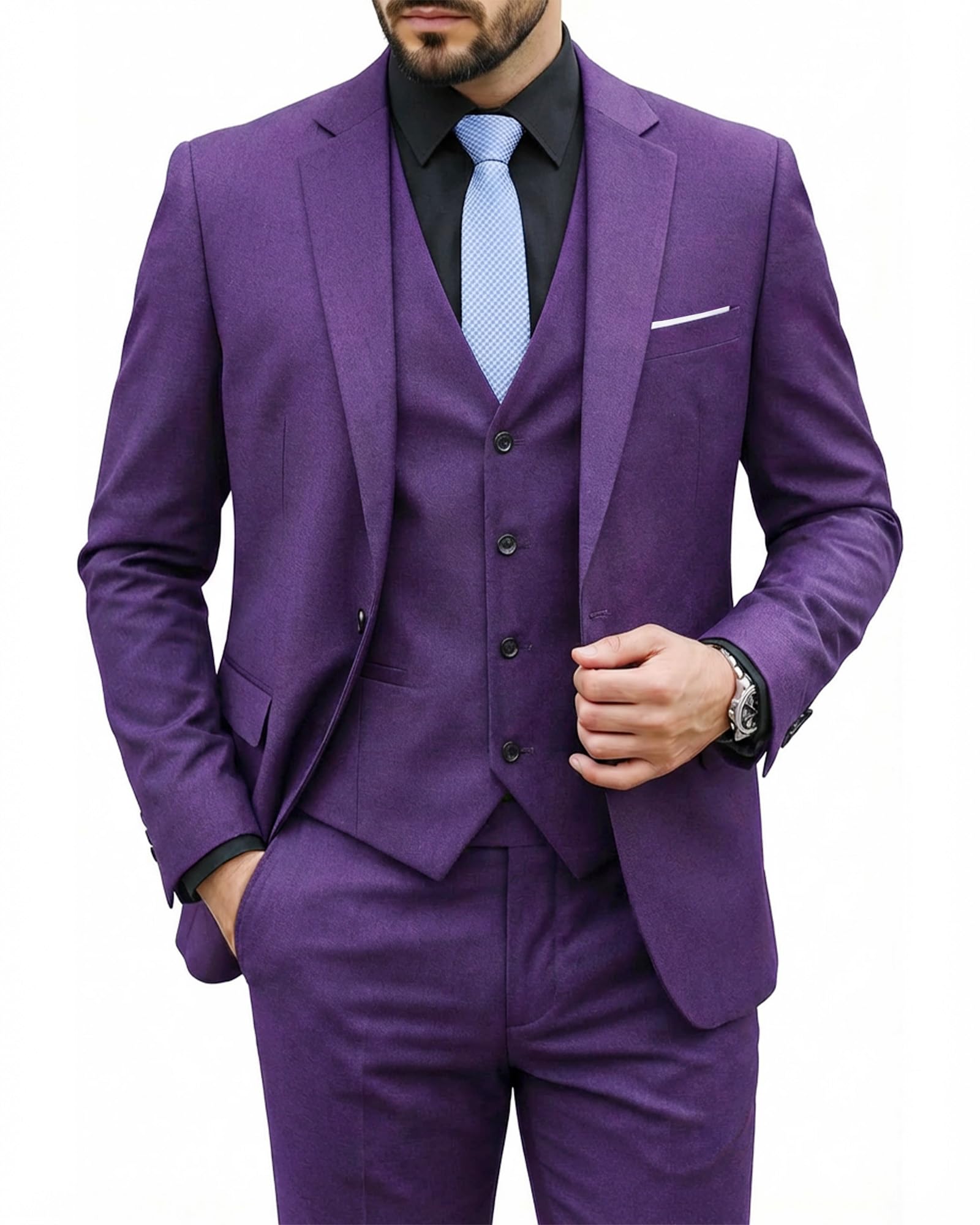 MYS Men's 3 Piece Slim Fit Suit Set, One Button Solid Jacket Vest Pants with Tie