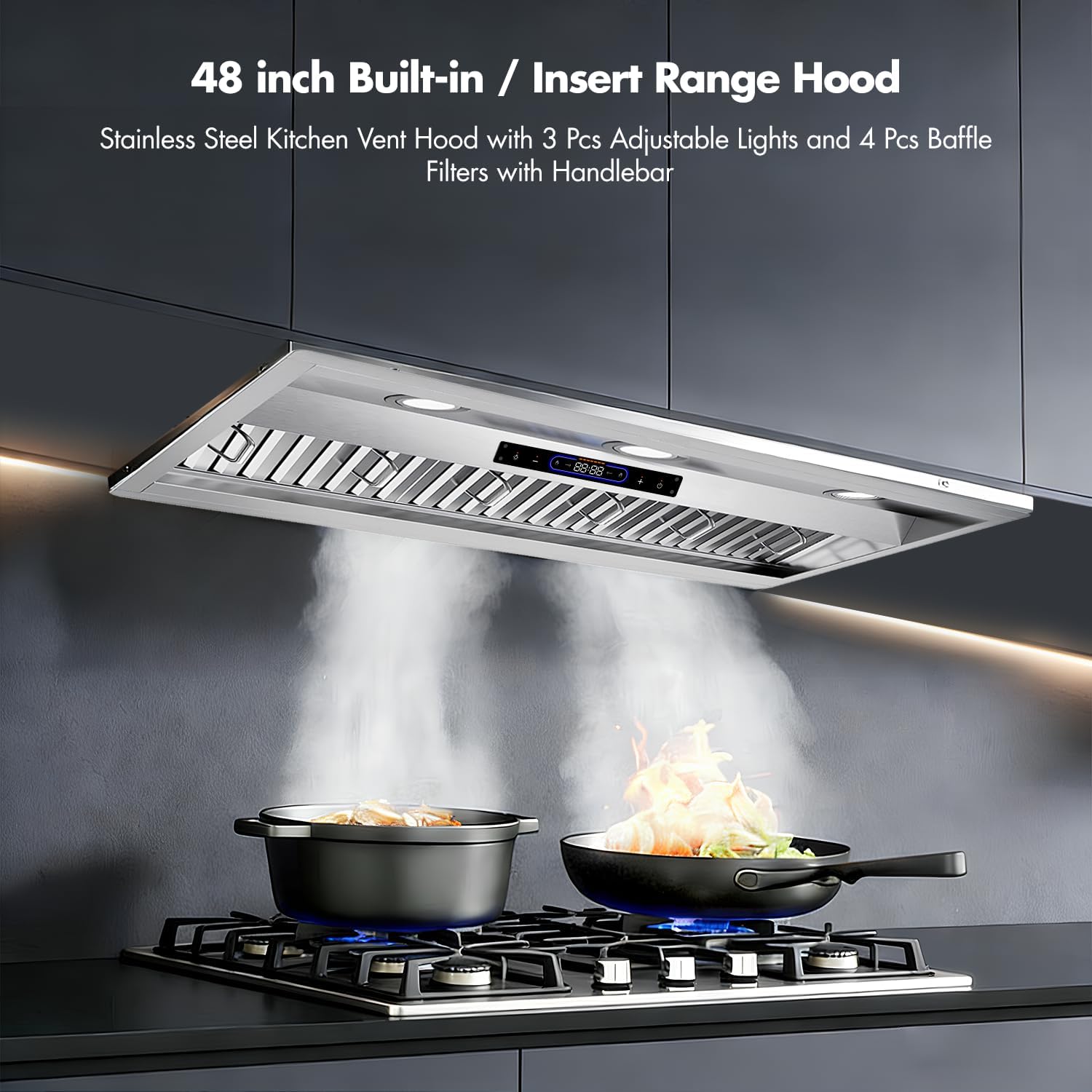 Micmi 48 inch Built-in Range Hood Insert Vent, Dual Motors Stainless Steel Kitchen 1400 CFM Gesture Sensing & Touch Control, Ducted, Baffle Filters, 4 Speed Stove Exhaust Fan, ETL listed