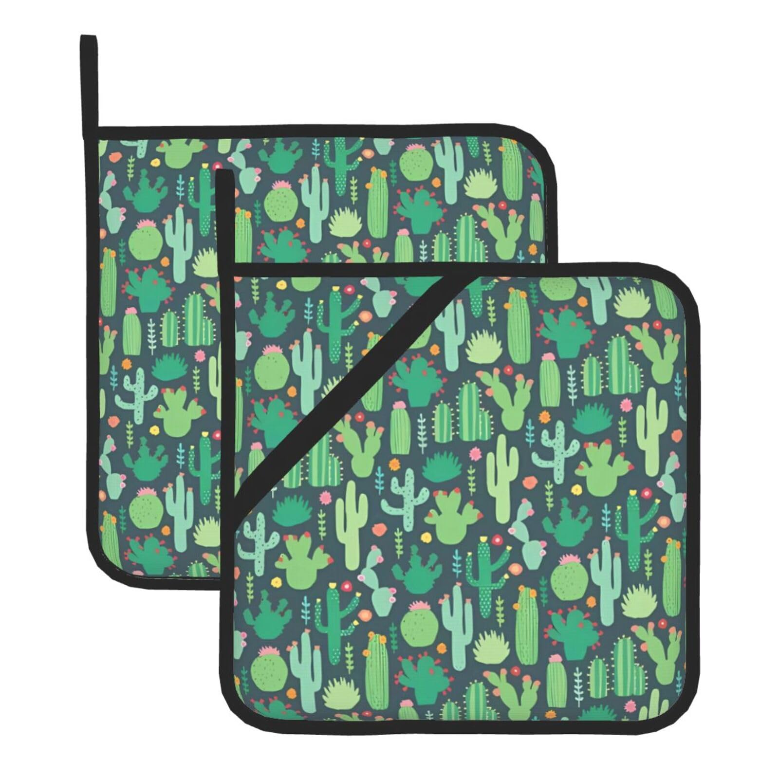 WHJSHOP Cute Cactus Seamless Illustration Prints Square Hot Pads for Kitchen - Waterproof Pot Covers with Hanging Loops - Thick Heat Resistant Trivets for Serving & BBQ, 2-Piece Set