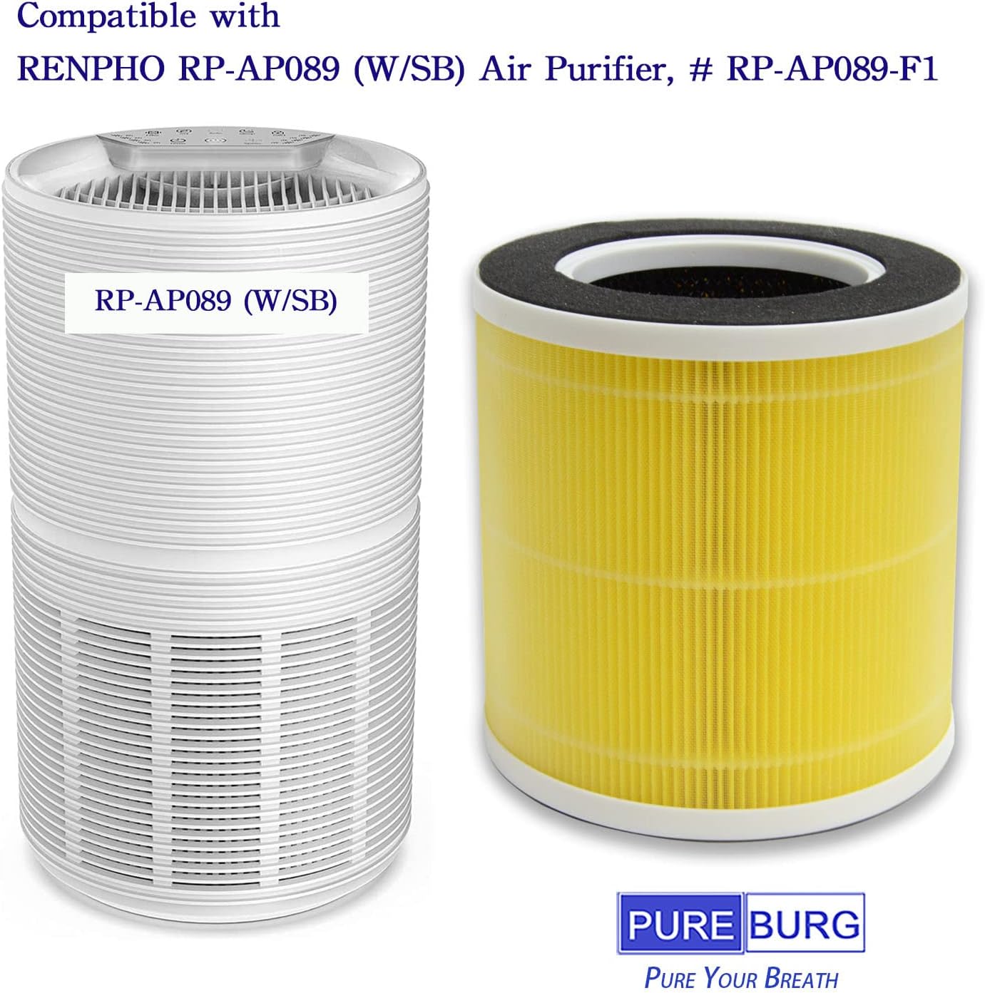 PUREBURG RP-AP089 Replacement Filter Compatible with RENPHO RP-AP089-F1 Fits RP-AP089W RP-AP089B Air Purifiers,2-Pack H13 HEPA Activated Carbon 2-IN-1