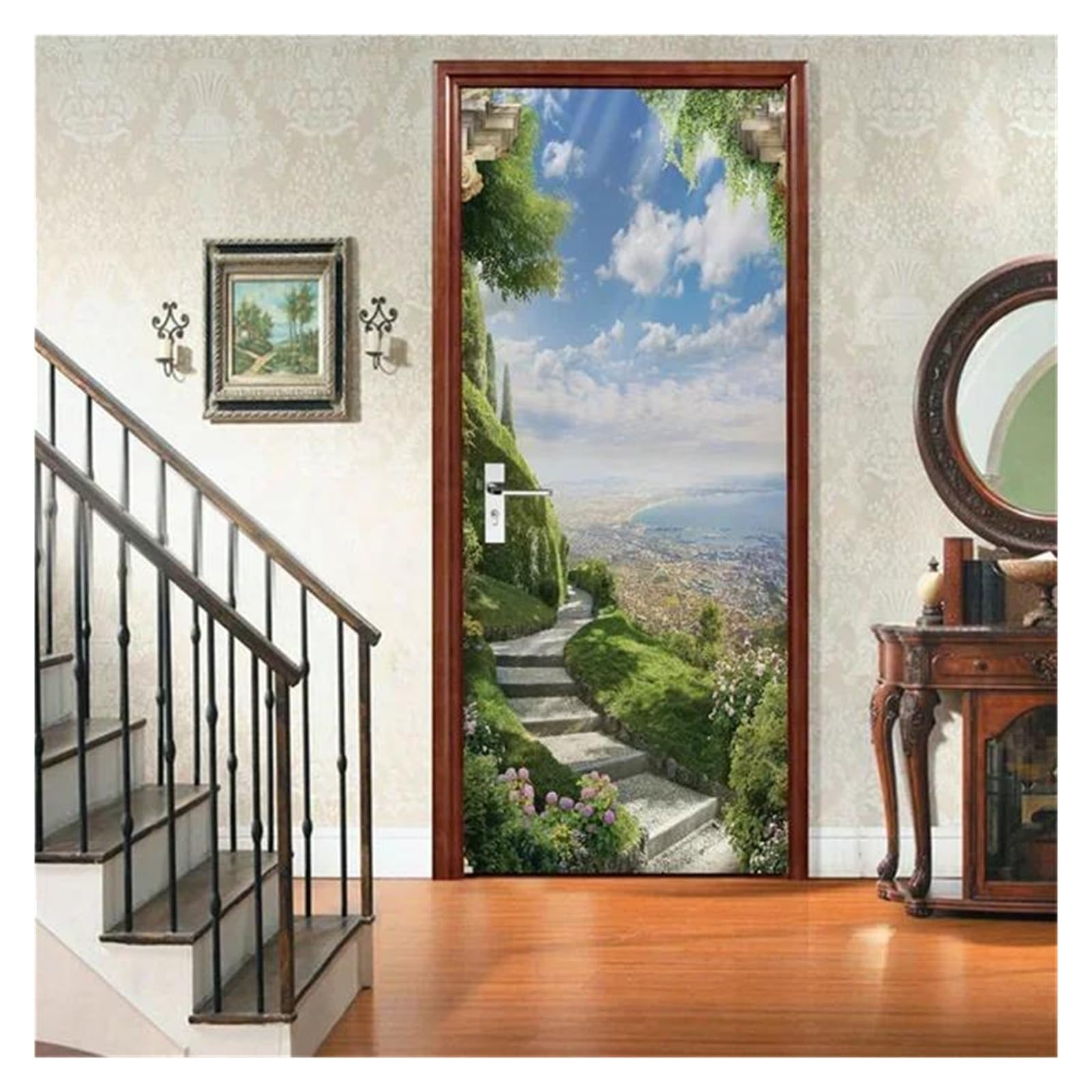 Papier peint de paysage floral d'allée de ville en relief 3D, sticker mural de 95x215cm