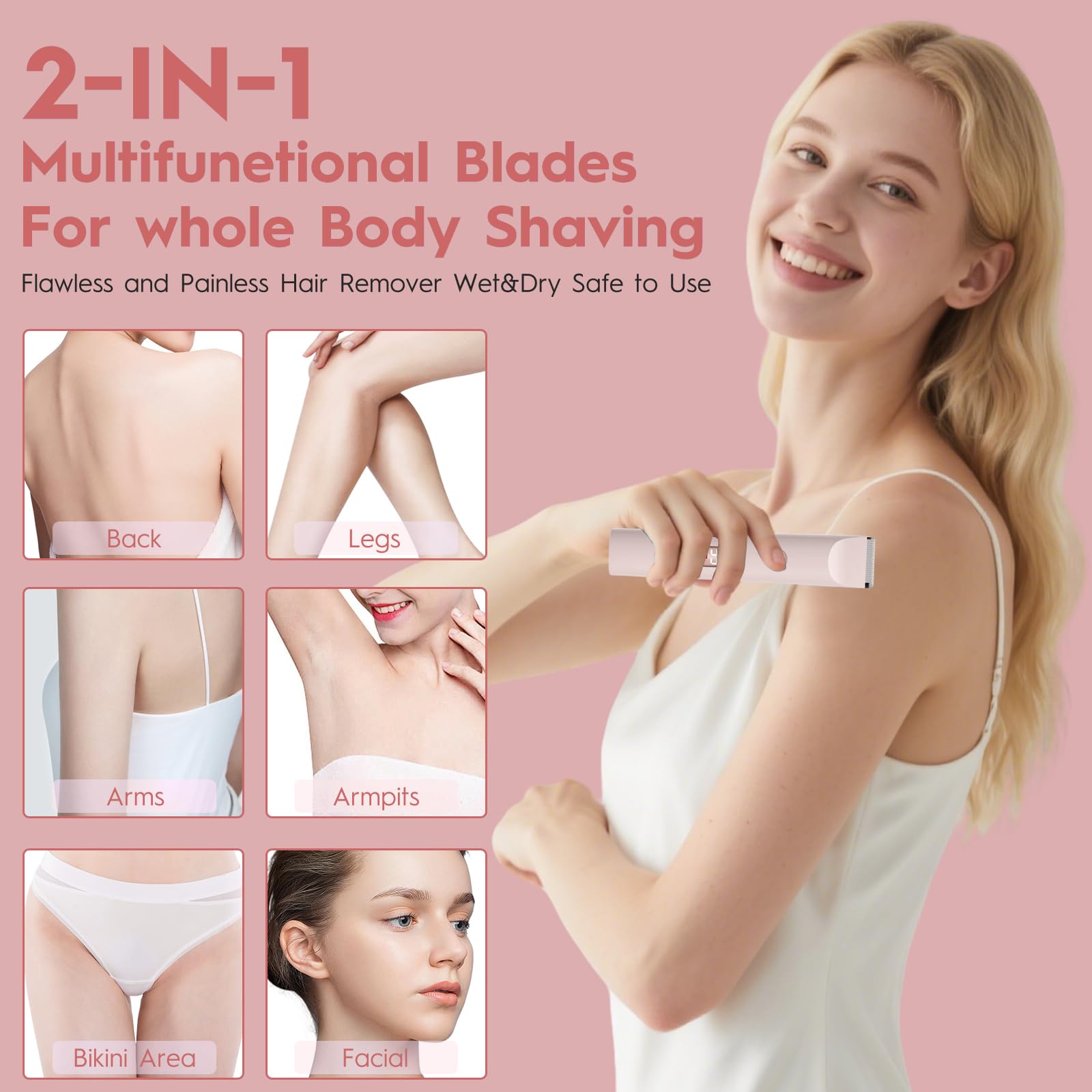 2 in 1 Rasoir Electrique Femme, Tondeuse Femme Intime, IPX7 Étanche Rasoir Femme, utilisation humide et sèche pour le visage, les aisselles, les jambes (Rose)