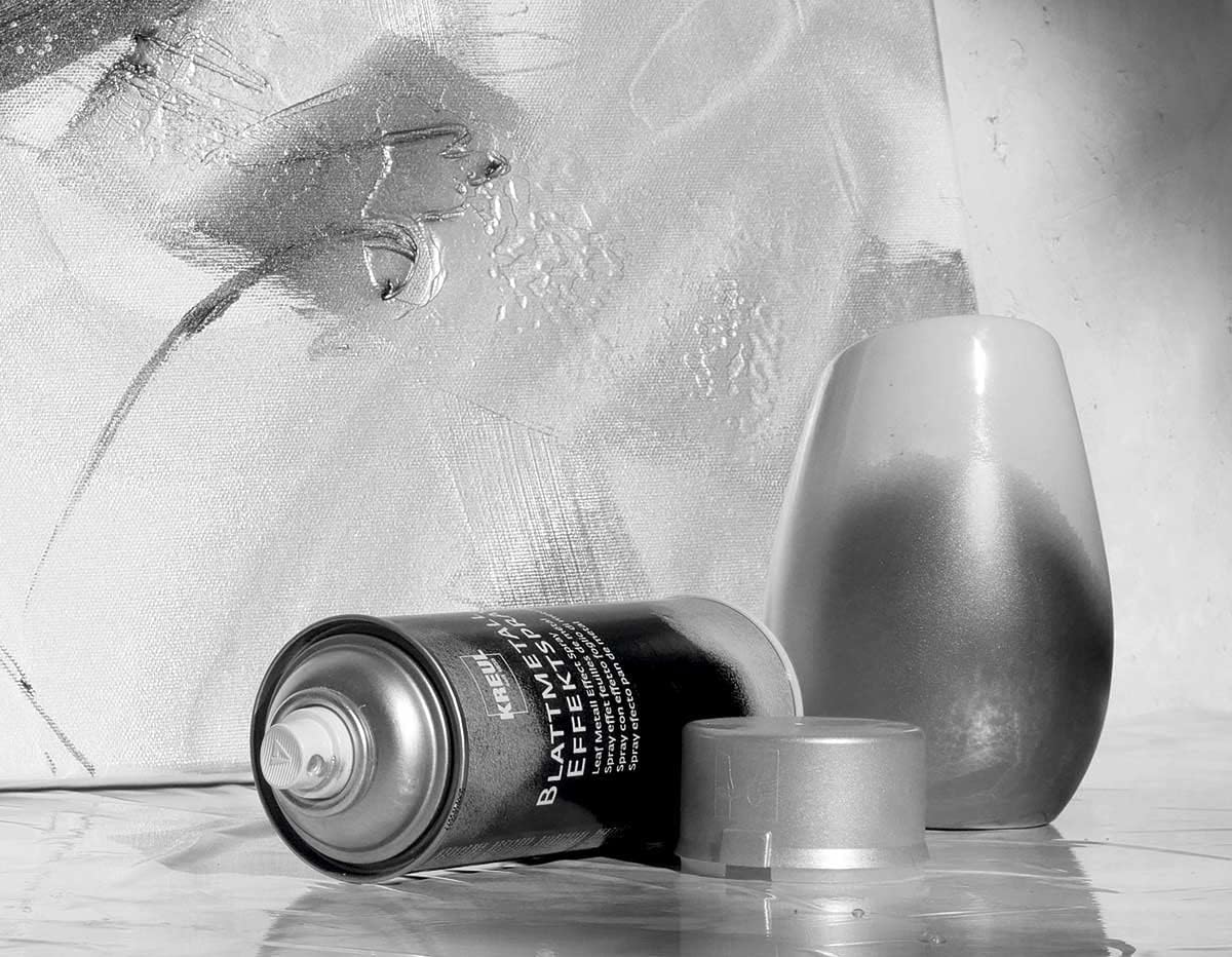 Kreul 994401 Leaf Metal Effect Spray Silver, 400 ml Spray Can, Quick Drying Nitro Combination Paint with Leaf Metal Look Suitable for Indoor and Outdoor Use