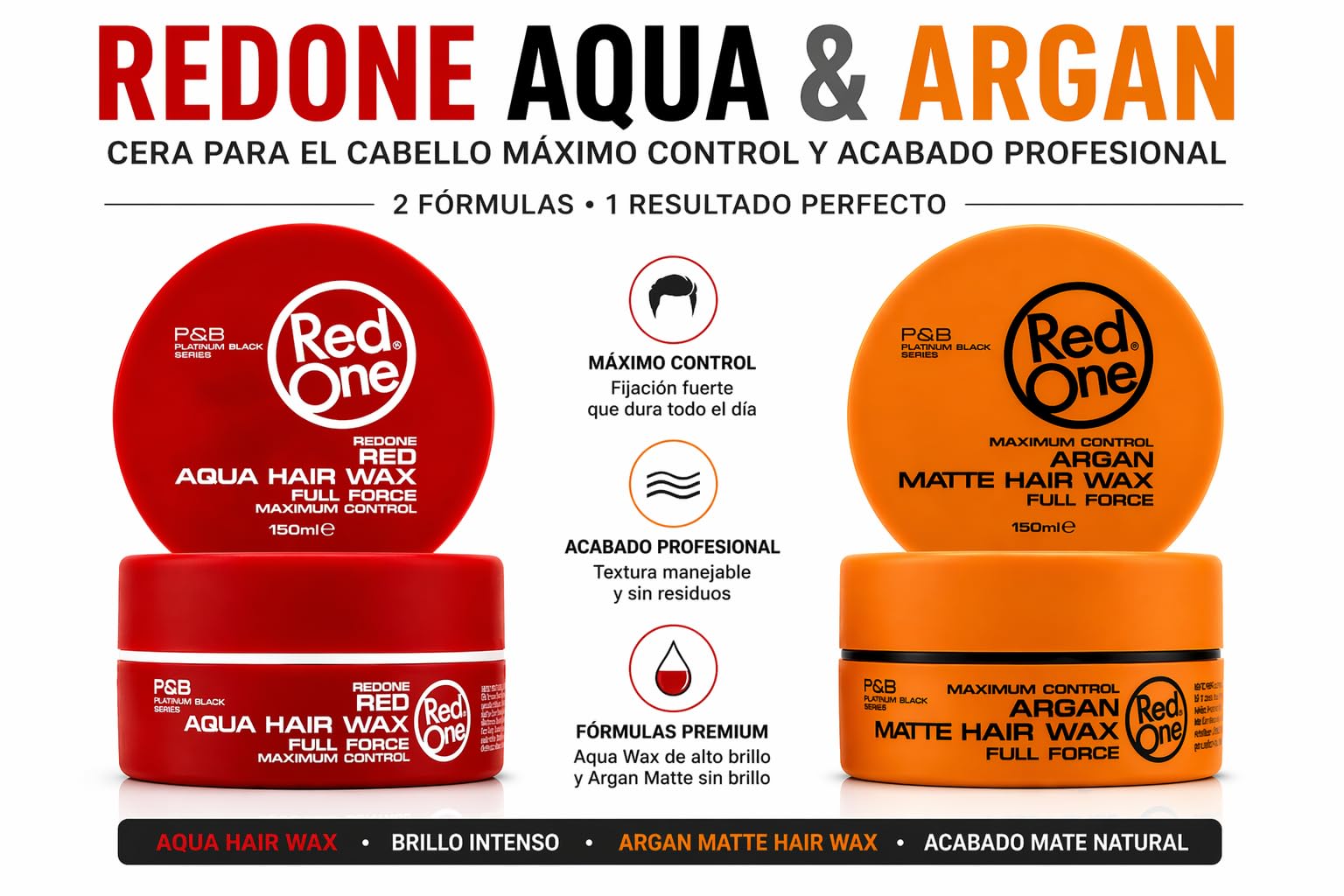 RedOne Aqua Hair Wax Rojo + Argan Matte Hair Wax 150ml – Cera para Cabello Hombre con Fijación Fuerte, Control Máximo, Acabado Brillante y Mate