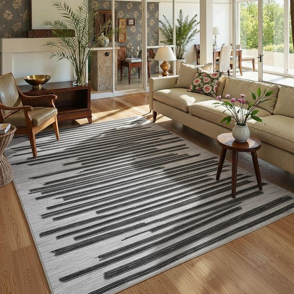 GarveeHome 8x10 Washable Low PileArea Rugs for Bedroom Living Room Kitchen Modern Striped Minimalist Non Slip Stain Resistant Soft Indoor Carpet for Dining Room Guest Room Home Office, Beige Black