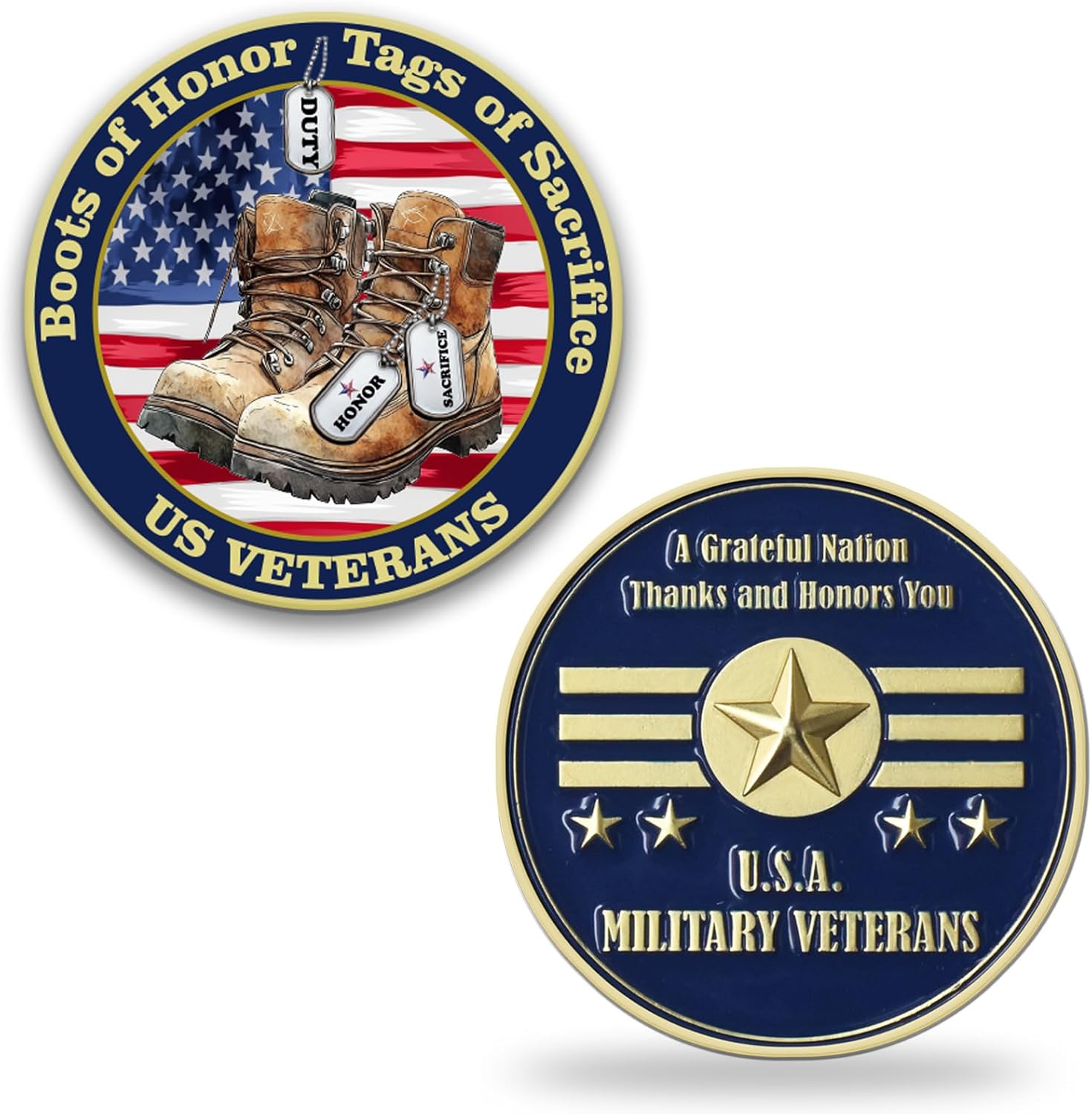 米軍退役軍人チャレンジコイン - 名誉のブーツ&犠牲のタグ - カラフル、40mm
