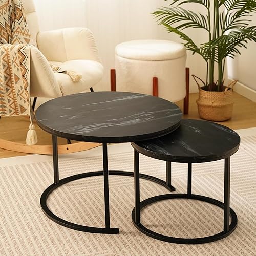 Miniatura 7 de Juego de 2 mesas auxiliares redondas y modernas, impermeables, con parte superior de madera de mármol sintético y marco de metal, fácil montaje para
