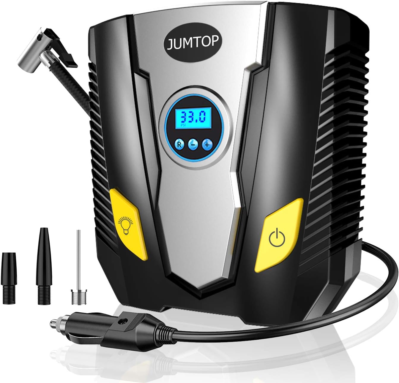 JUMTOP Tyre Inflator 12V-Car Portable Air Compressor Pump Digital With Led Light,150Psi Digitalel Pressure Electric Pump,Fit for Car,Bicycle,Truck,Basketballs,Air Bed Mattress And Other Inflatables.