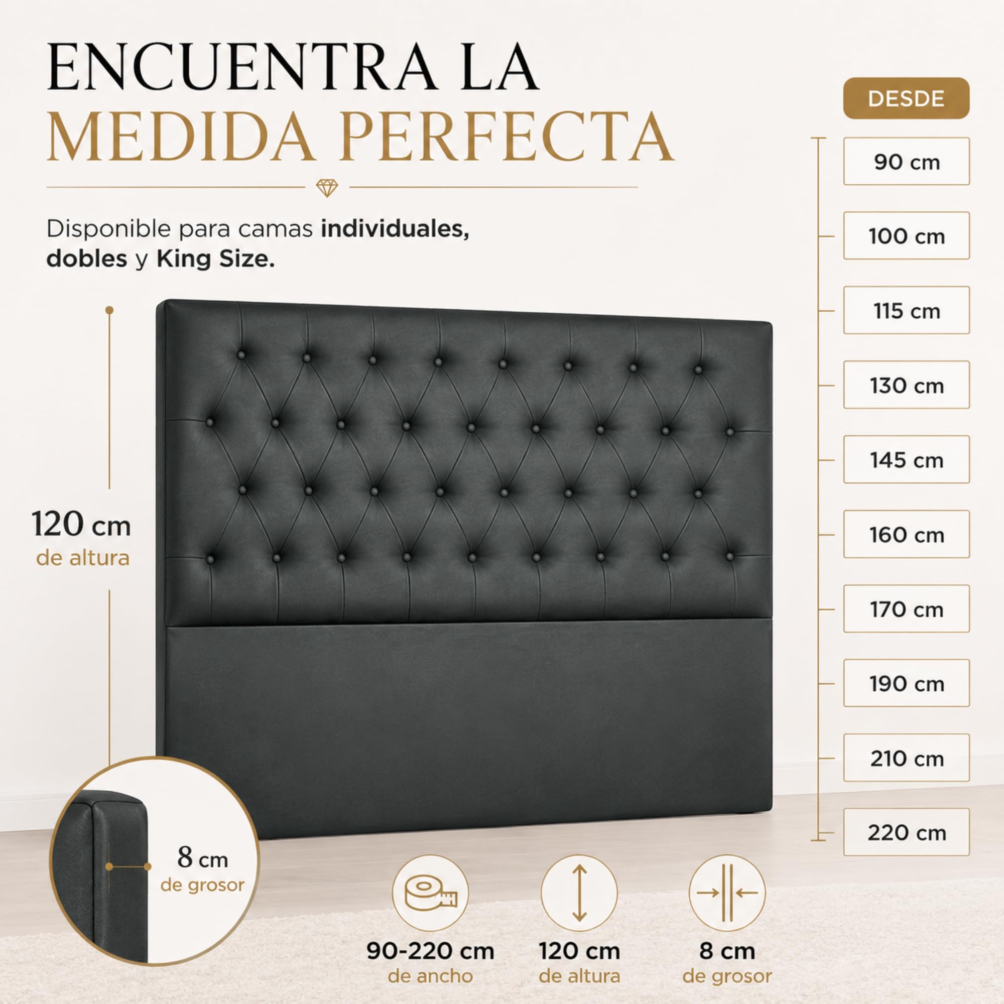 FISIO Dreams Cabecero Delux ROMBO Tapizado en Polipiel para Cama 90, 105, 135, 150, 160, 180 y 200 cm | Diseño Capitoné Chesterfield | Cabecero Acolchado Fabricado en España