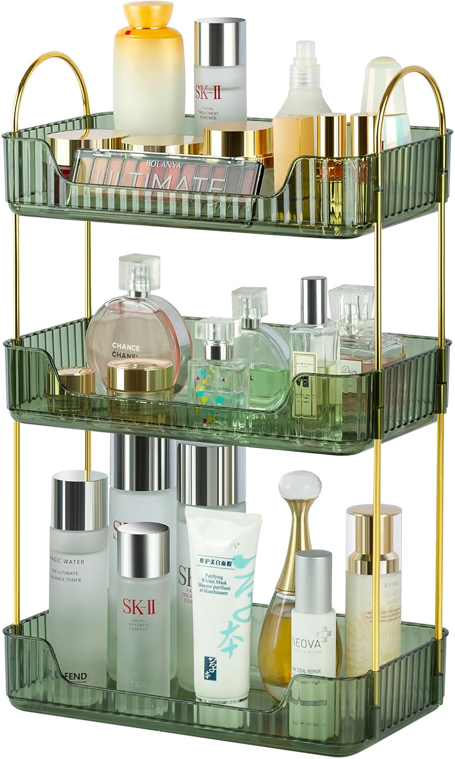 LileZbox 3-Storey Bathroom Counter Organizer, Green, Luxury Style, for Cosmetic Skin Care Lipstick