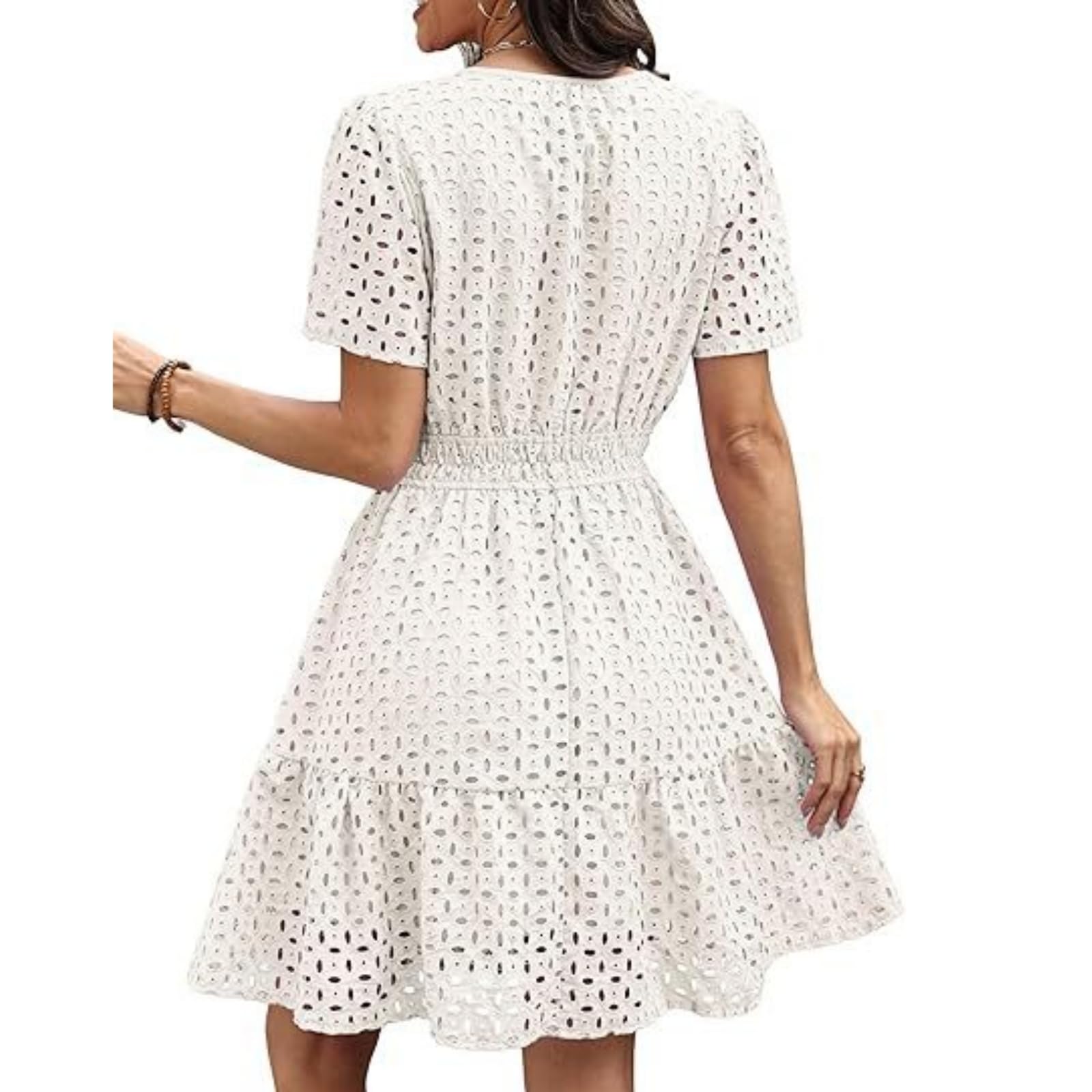 Vestido Corto con Escote en V, inserción de Encaje, Volantes y Mangas Cortas, Corte en línea Verano, la Playa y Las Fiestas.