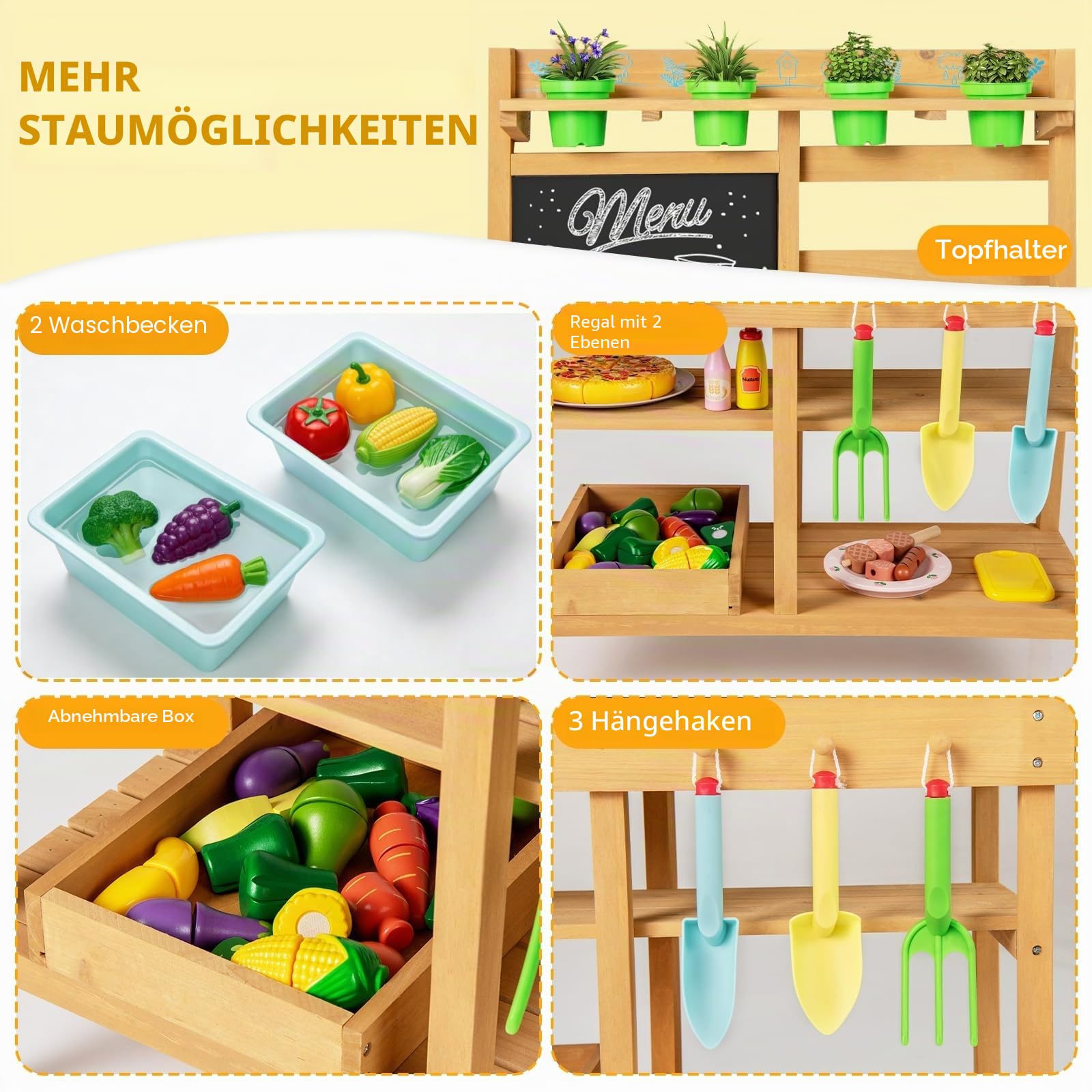 DREAMADE Matschküche Kinder Outdoor, Kinderküche mit abnehmbaren Spülen, Tafel, Herd, Blumentöpfen & Gartenwerkzeugen, Spielküche Holz, Outdoor Küche für Jungen & Mädchen ab 3 Jahren